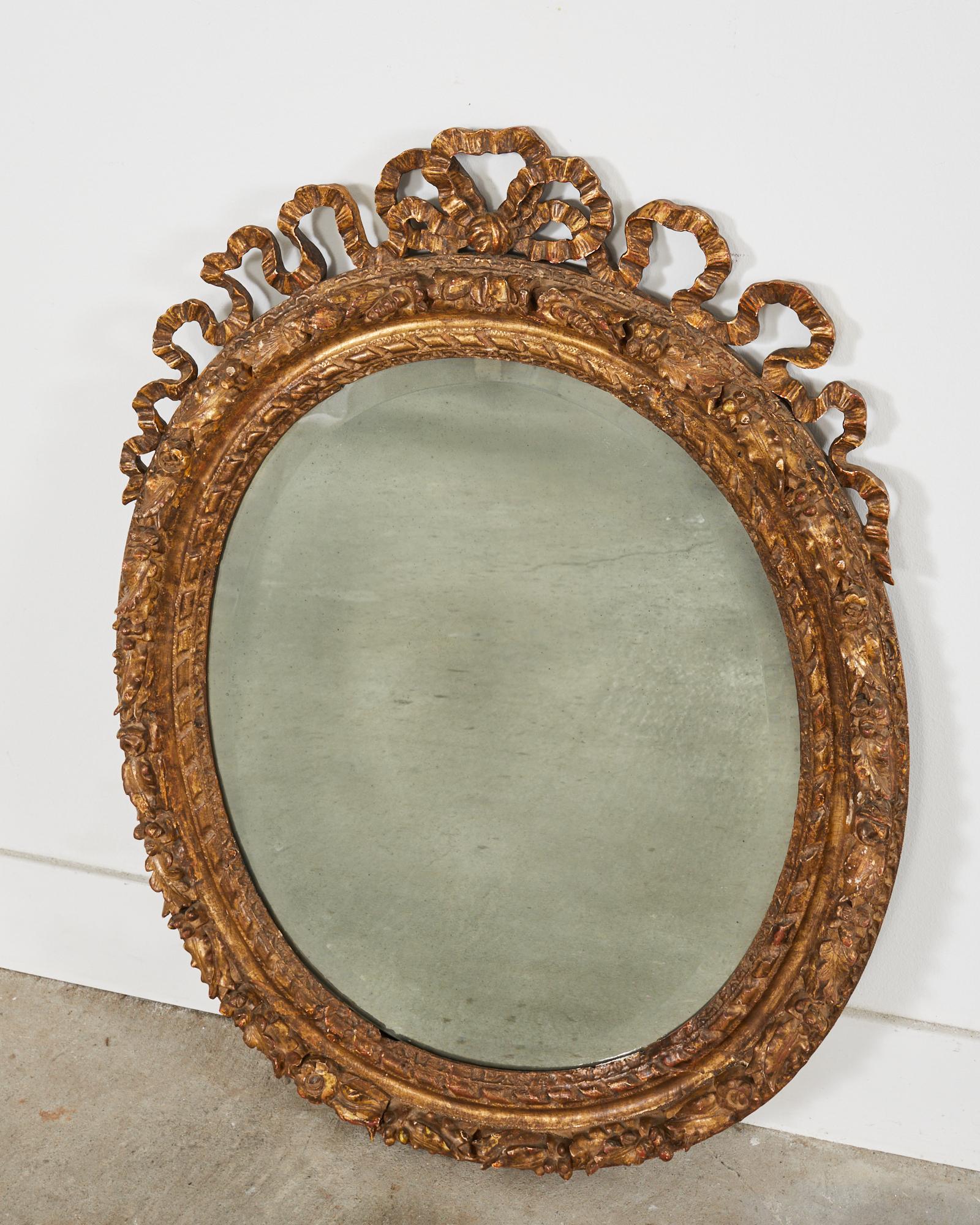 Louis XVI Baroque Style Oval Ribbon Swag Wall Mirror In Good Condition For Sale In Rio Vista, CA