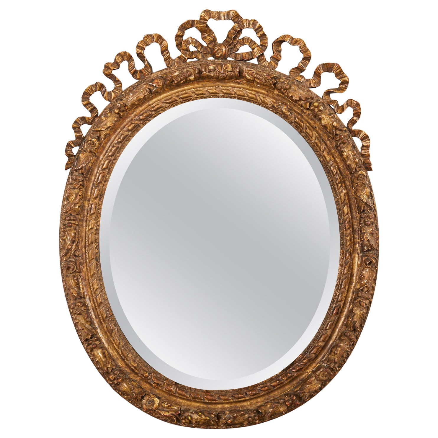 Louis XVI Baroque Style Oval Ribbon Swag Wall Mirror For Sale