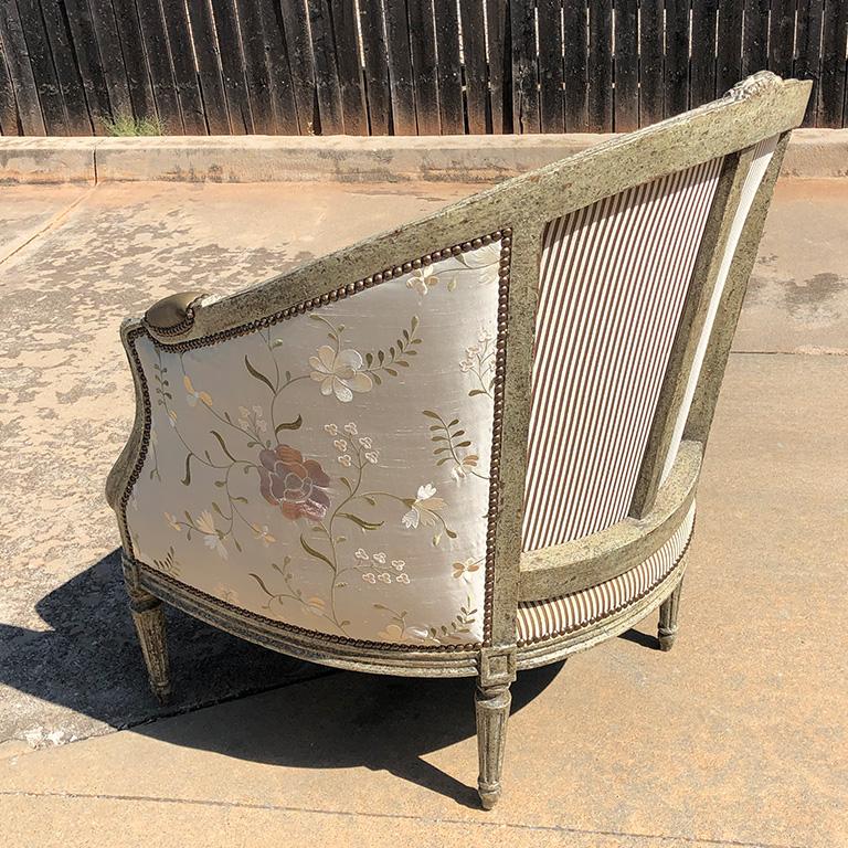 American Pale Gray Louis XVI Barrel back Bergere Embroidered Silk Armchair Minton Spidell
