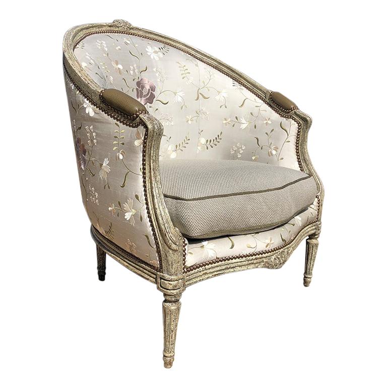 Pale Gray Louis XVI Barrel back Bergere Embroidered Silk Armchair Minton Spidell