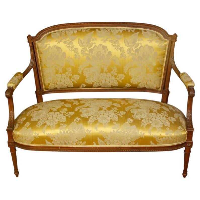 Settee Louis XVI en bois de hêtre et soie de damas