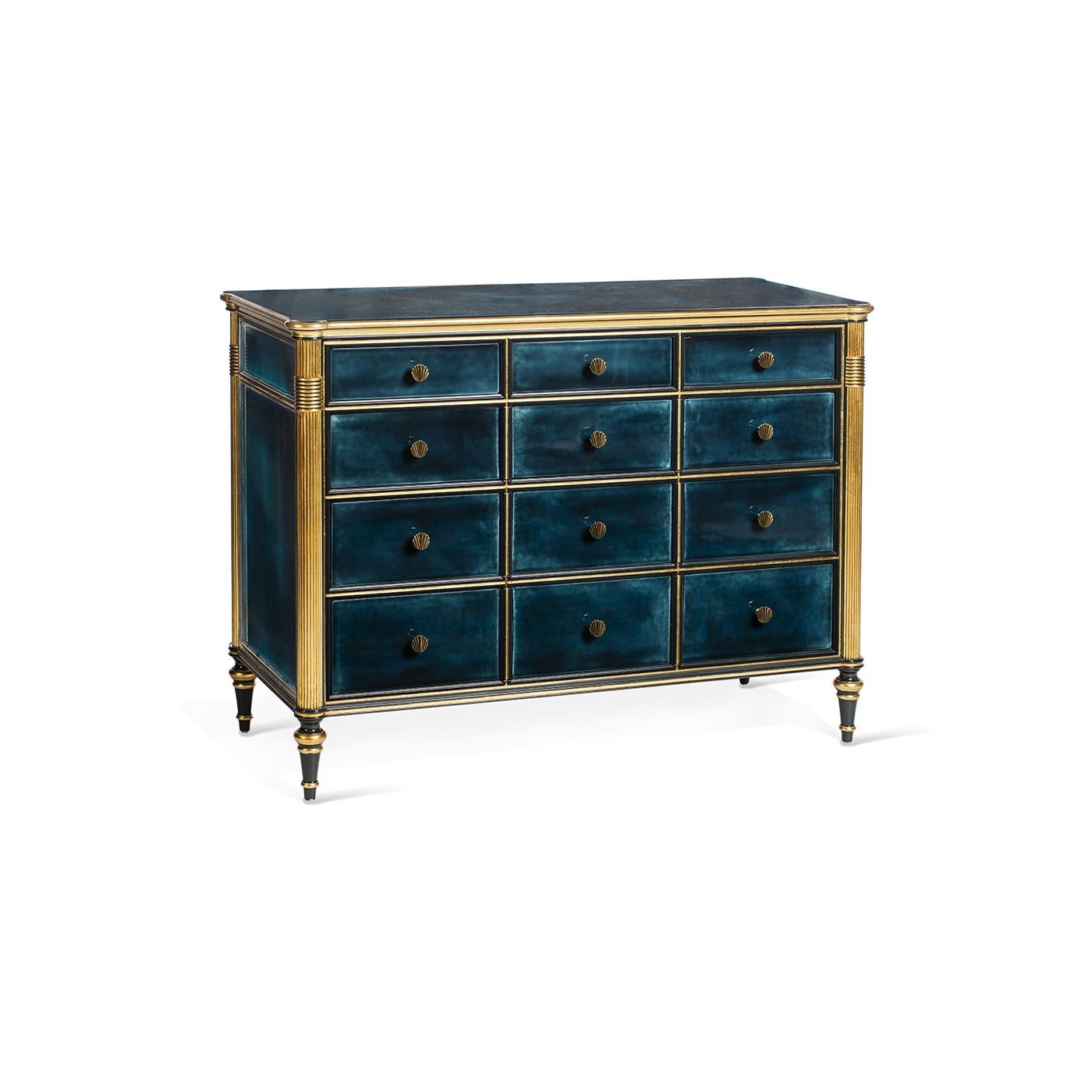 The Louis XVI Sideboard is defined by a fancy and royal appearance: the blue shades plus the ivory and gold finishes adorning it, create a delightful piece full of character and elegance. It has 6 drawers sliding on metal guides covered by Alcantara