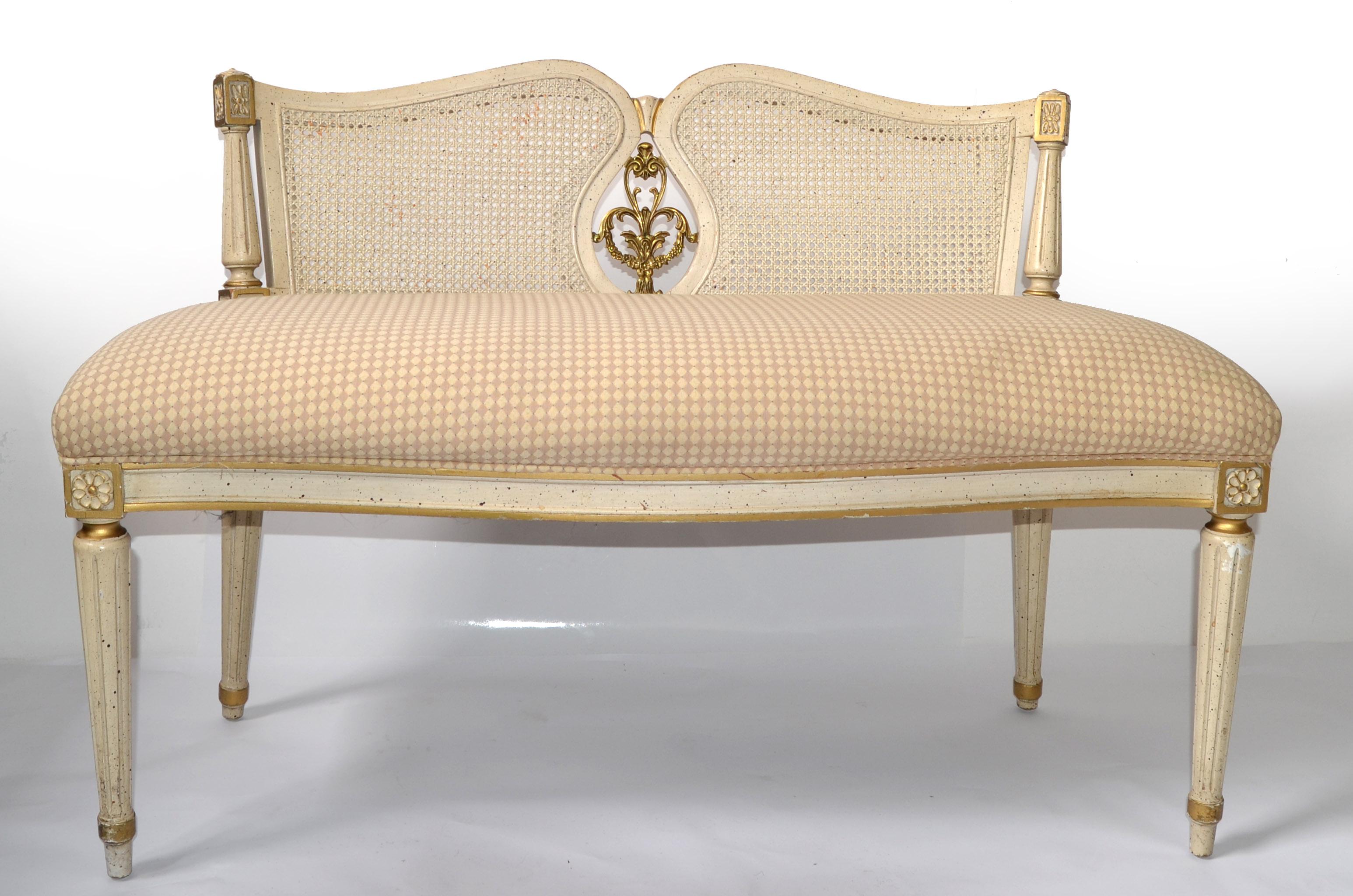 Louis XVI Bench Hand Carved Gilt Hardwood Woven Caning Brass Taupe Brown Fabric For Sale 9