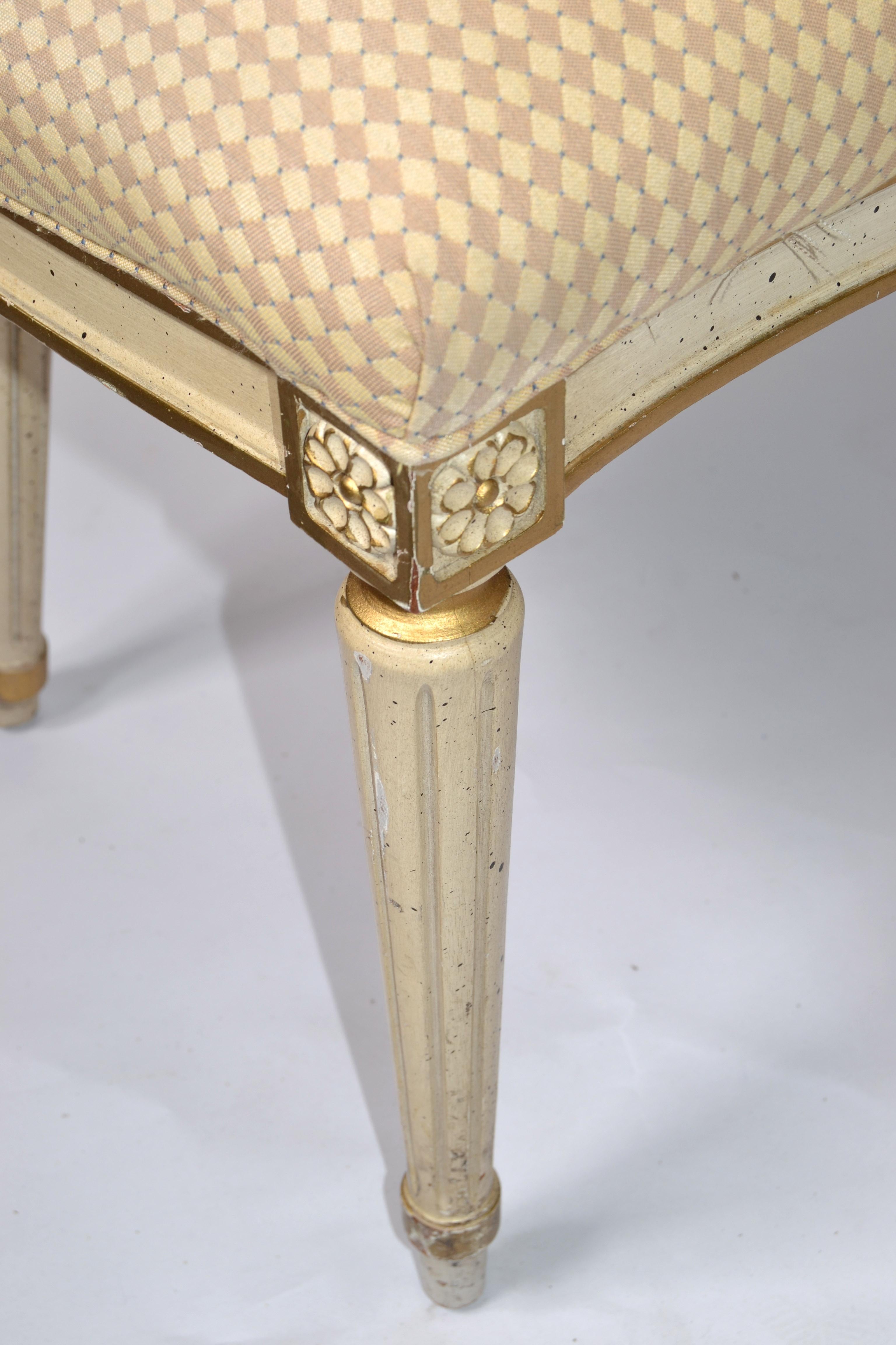 Louis XVI Bench Hand Carved Gilt Hardwood Woven Caning Brass Taupe Brown Fabric For Sale 2
