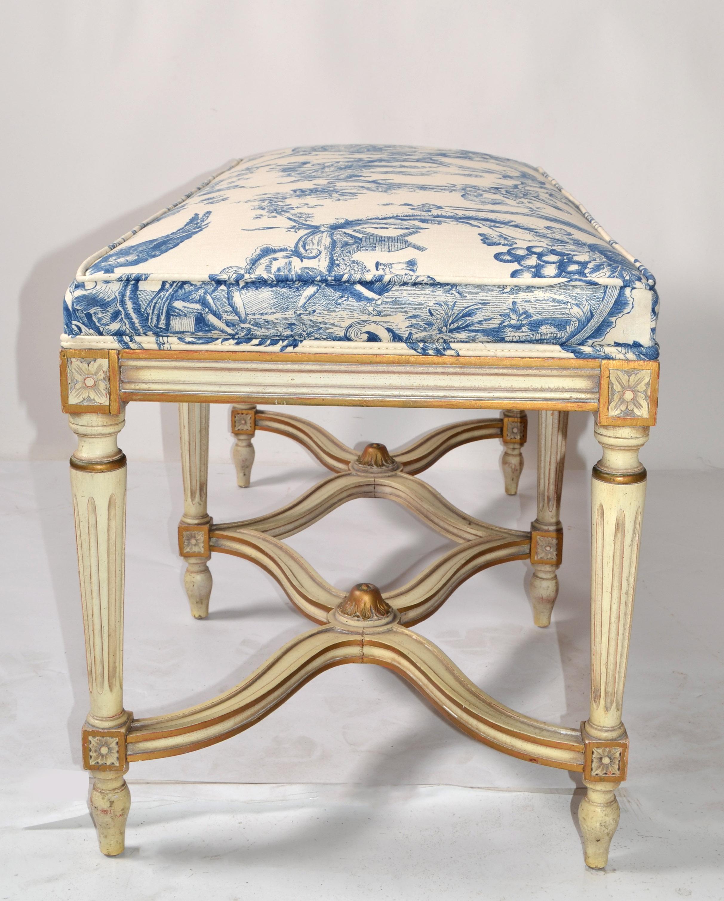 Hand-Carved Louis XVI Bench Karges Furniture Co. Hand Carved Hardwood Blue Motif Fabric For Sale
