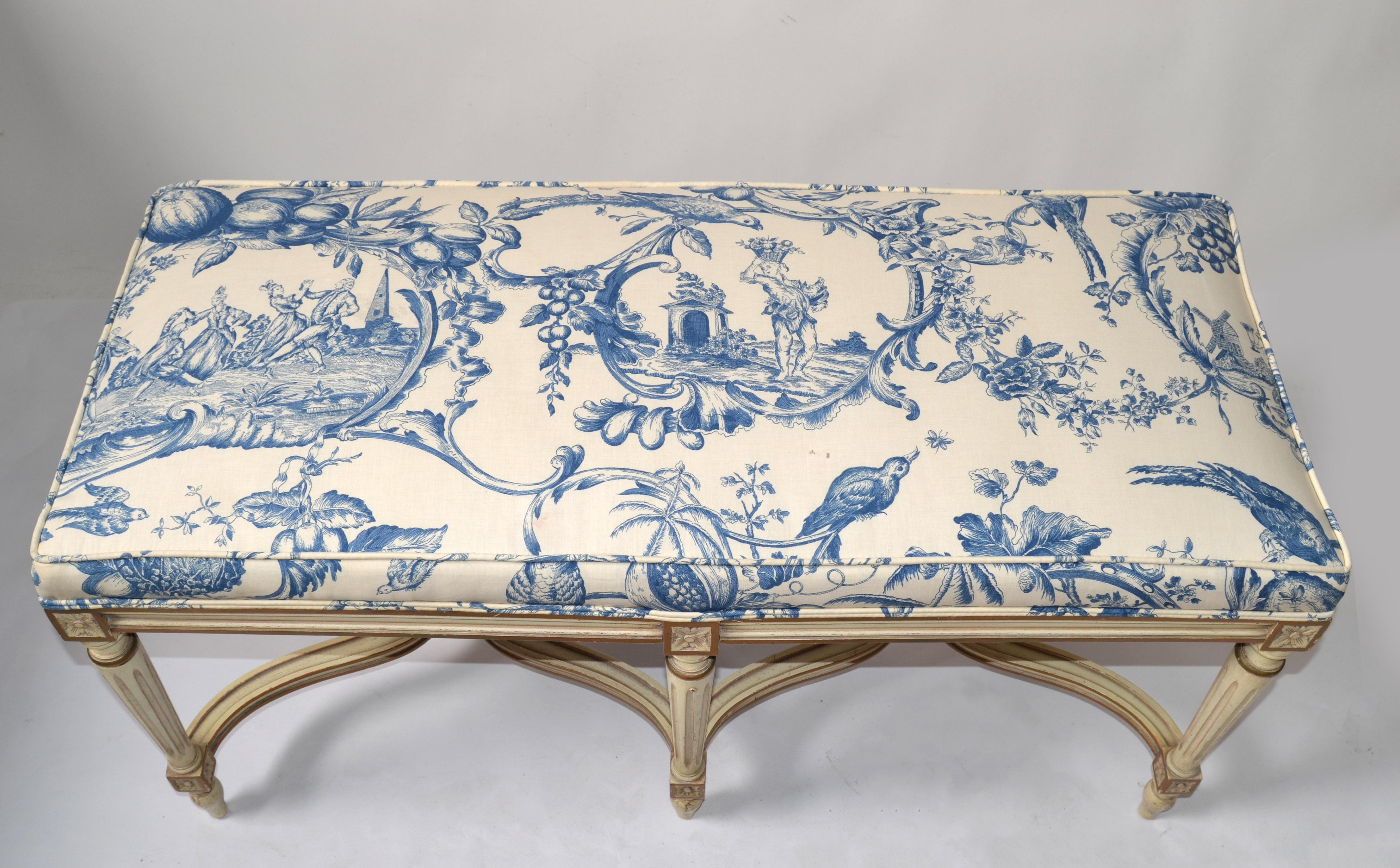 20th Century Louis XVI Bench Karges Furniture Co. Hand Carved Hardwood Blue Motif Fabric For Sale
