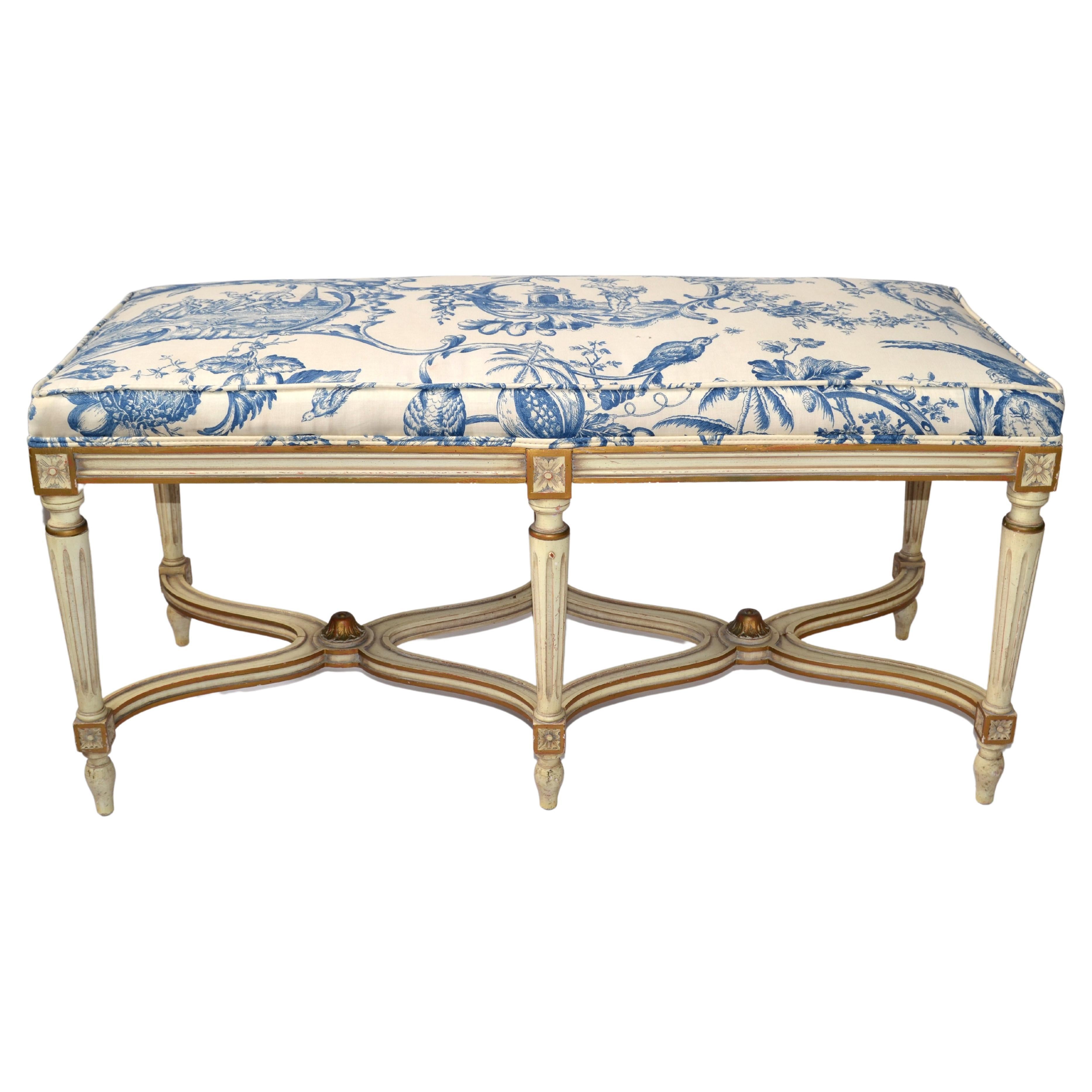 Louis XVI Bench Karges Furniture Co. Hand Carved Hardwood Blue Motif Fabric For Sale