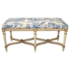 Louis XVI Bench Karges Furniture Co. Hand Carved Hardwood Blue Motif Fabric