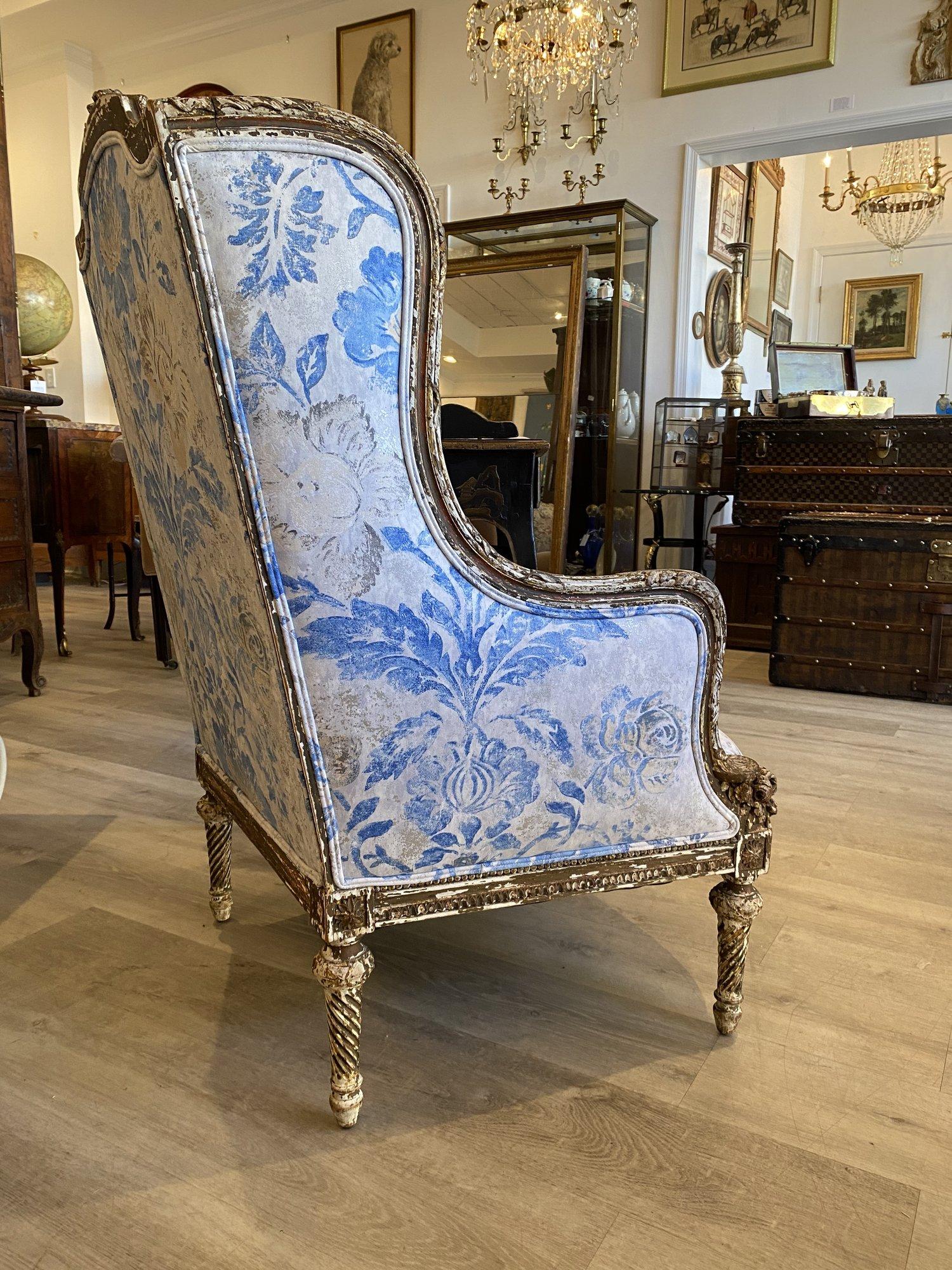 French Louis XVI Berger a Oreilles, Armchair, Carved and Weathered Giltwood