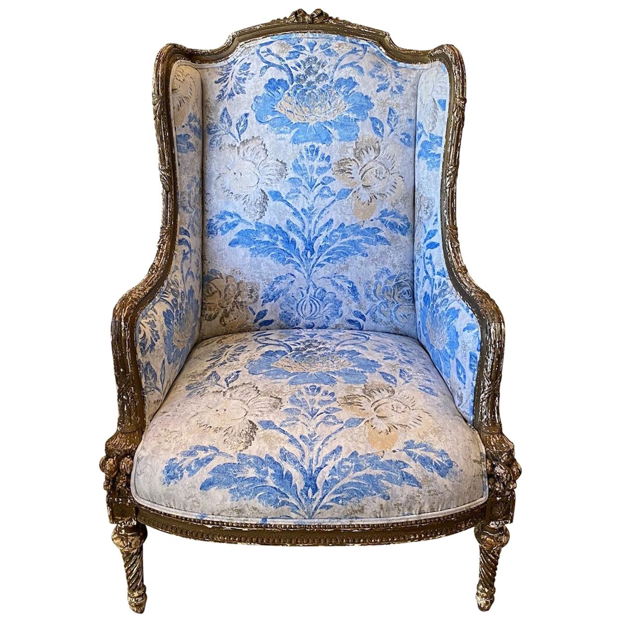 Louis XVI Berger a Oreilles, Armchair, Carved and Weathered Giltwood