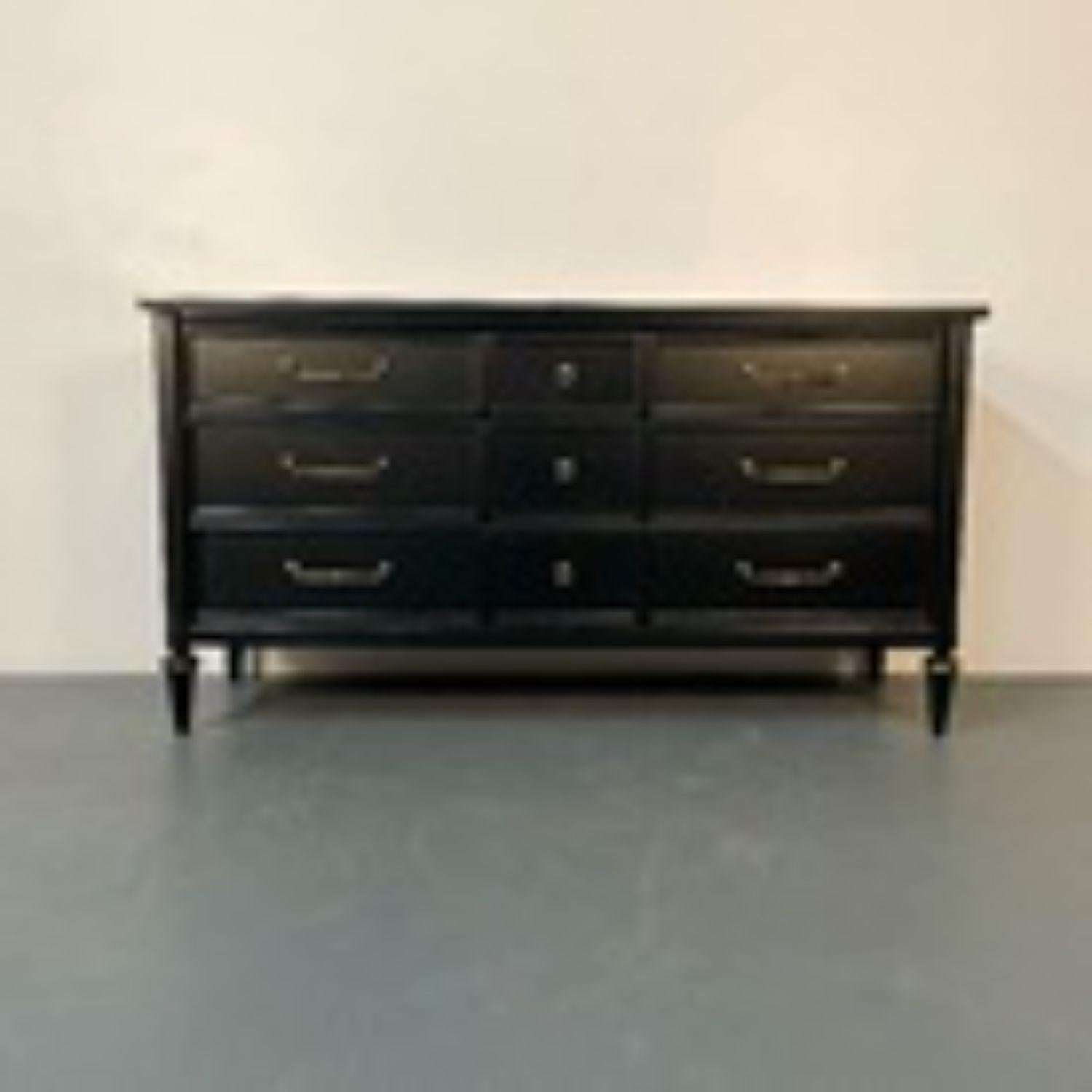 American Louis XVI Black Matte Painted Dresser / Cabinet, Refinished, Brass Pulls For Sale