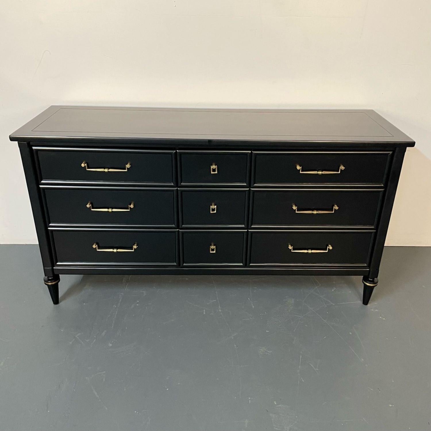 Louis XVI Black Matte Painted Dresser / Cabinet, Refinished, Brass Pulls In Good Condition For Sale In Stamford, CT
