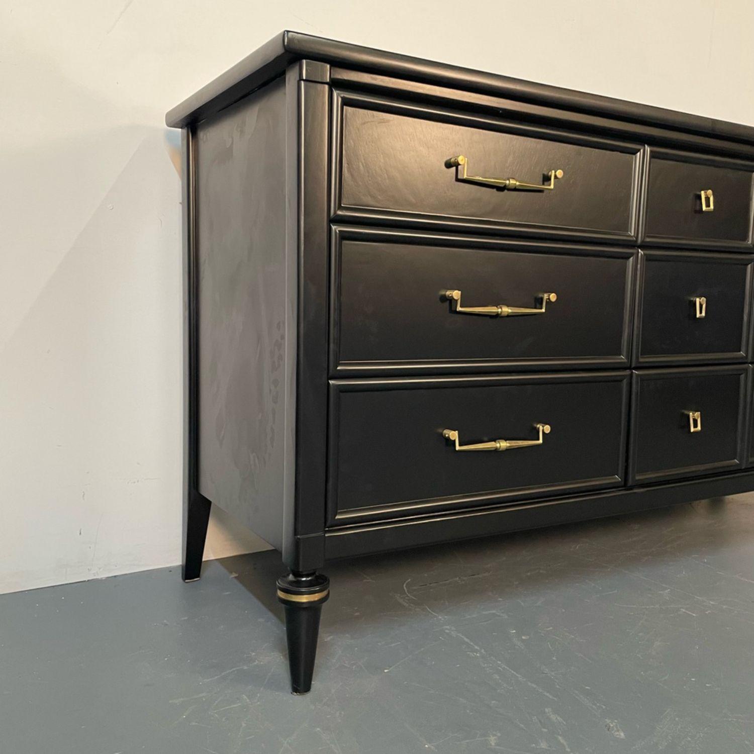Contemporary Louis XVI Black Matte Painted Dresser / Cabinet, Refinished, Brass Pulls For Sale