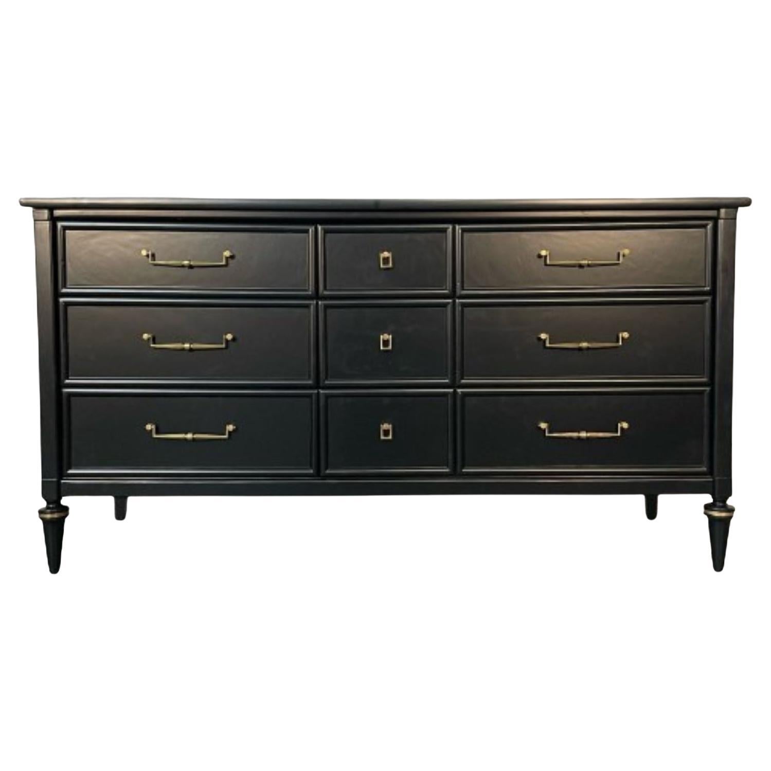 Louis XVI Black Matte Painted Dresser / Cabinet, Refinished, Brass Pulls For Sale