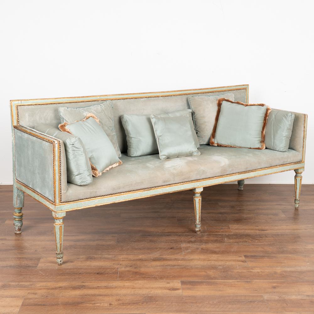 Elegant Louis XVI sofa settee with original pale blue painted finish and gold trim raised on turned fluted feet. Rare to find such an exceptional bench of this age.
Seat Height:18.5