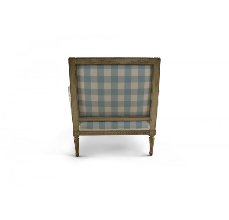 Hand-Carved Louis XVI Blue and White Gingham Upholstered Marquise Armchair For Sale