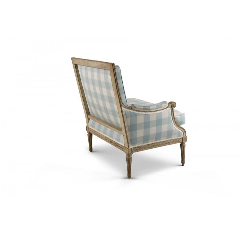 18th Century and Earlier Louis XVI Blue and White Gingham Upholstered Marquise Armchair For Sale