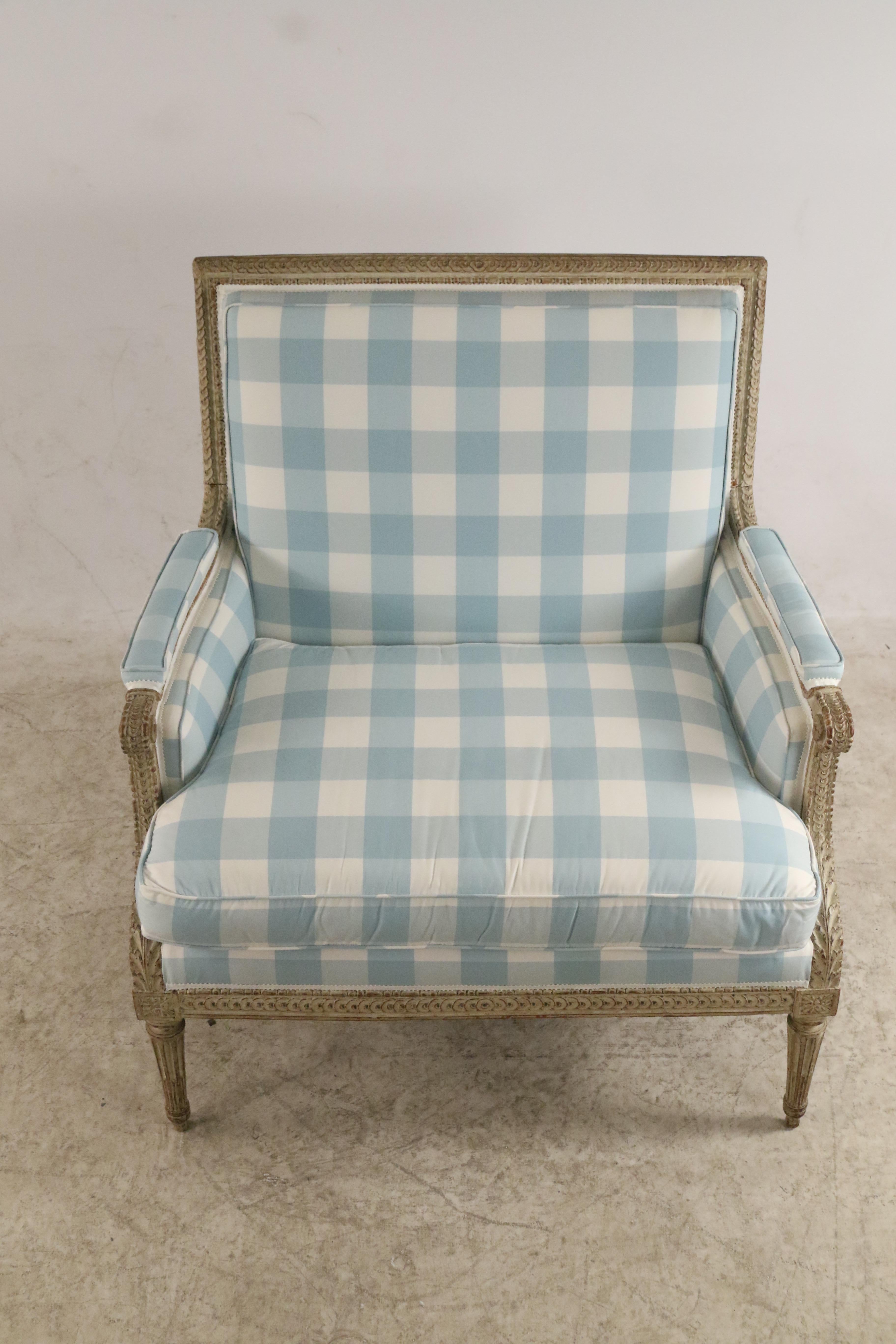 French Louis XVI Blue and White Gingham Upholstered Marquise Armchair