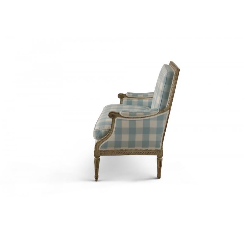 Louis XVI Blue and White Gingham Upholstered Marquise Armchair For Sale 1