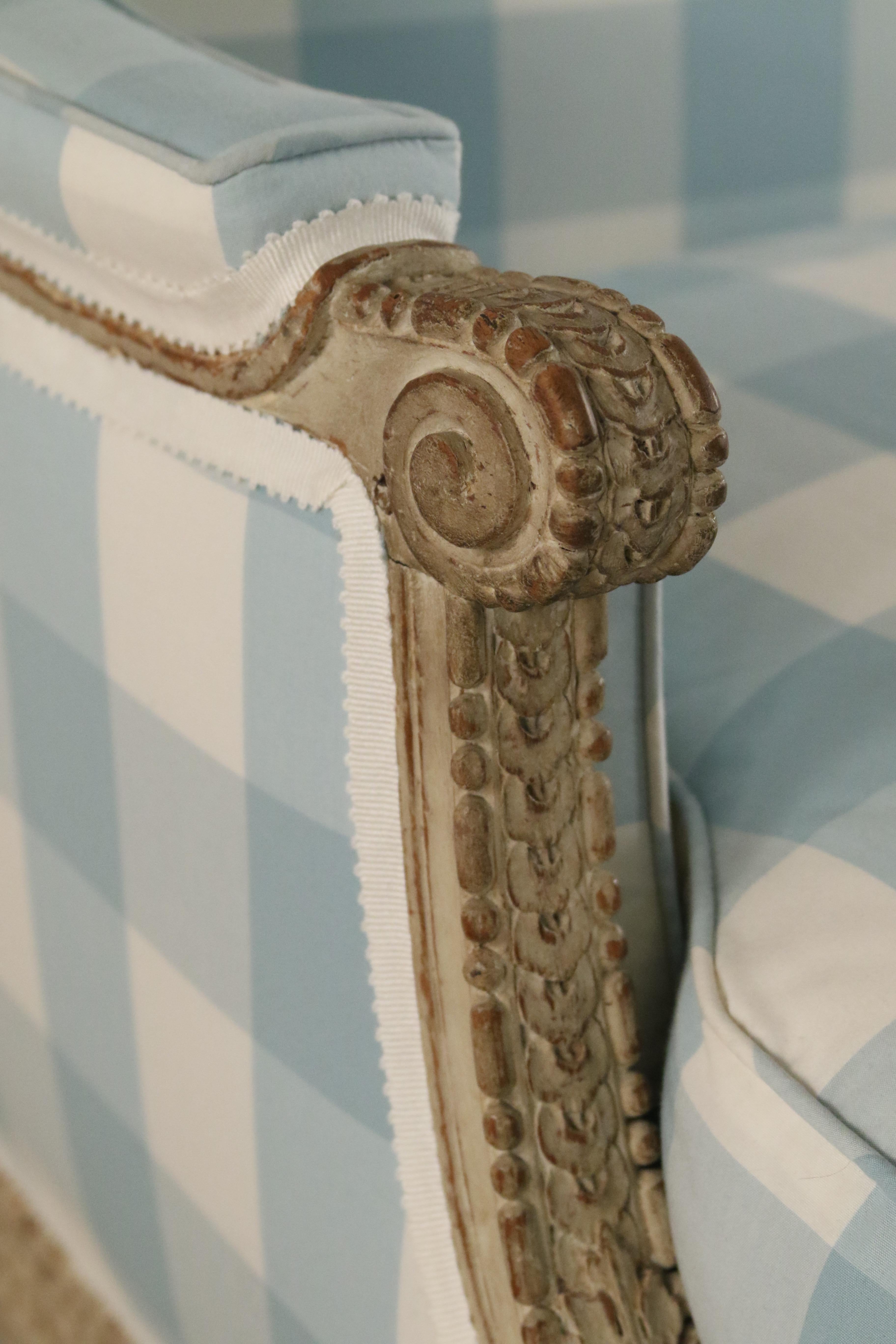 18th Century Louis XVI Blue and White Gingham Upholstered Marquise Armchair