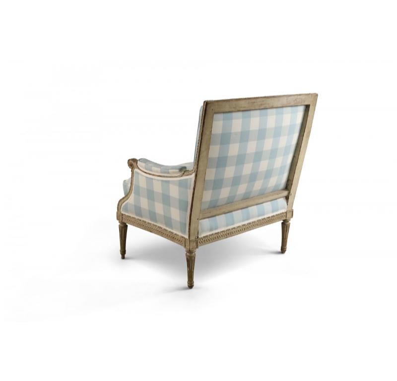 Louis XVI Blue and White Gingham Upholstered Marquise Armchair For Sale 2