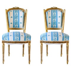 Louis XVI Blue and White Silk Golden Chairs, a Pair
