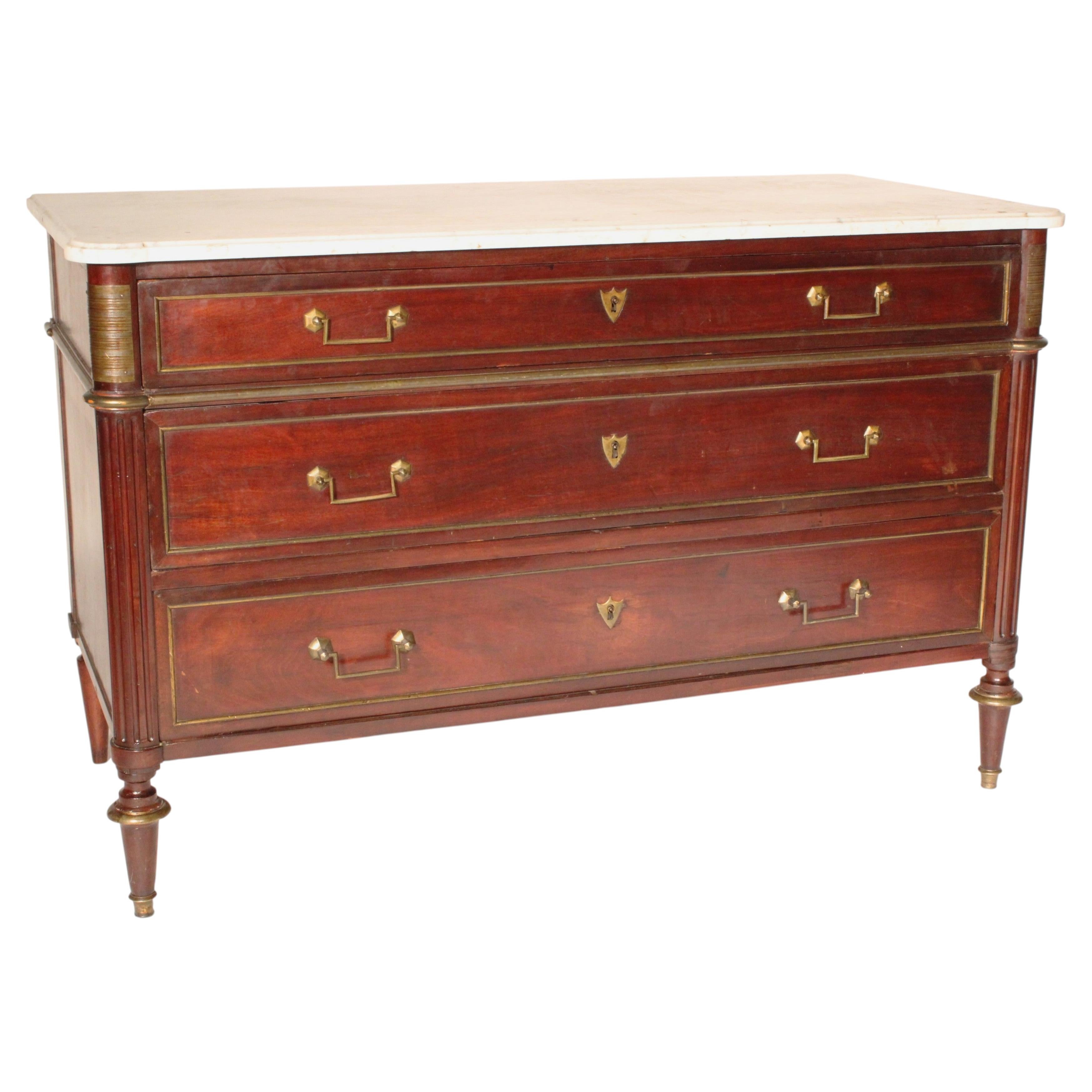 Louis XVI Brass Mounted Mahogany Chest of Drawers with Carrara Marble top