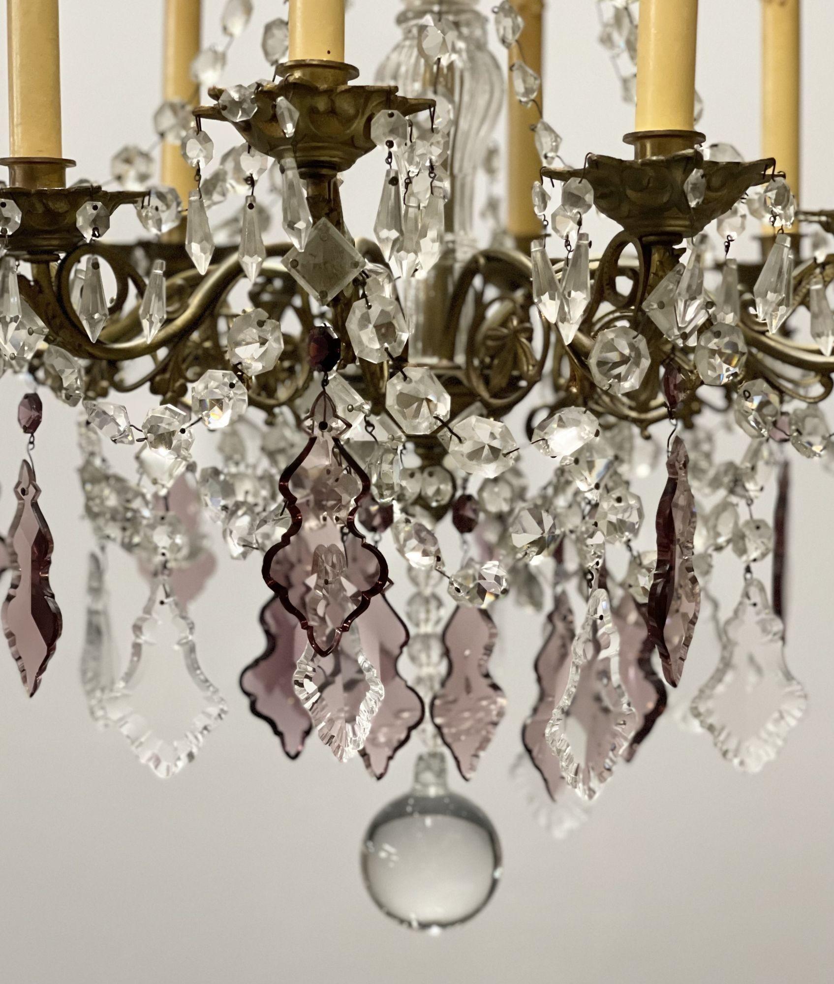 Louis XVI Bronze and Crystal Chandelier, Colored and Clear Crystals, France For Sale 6