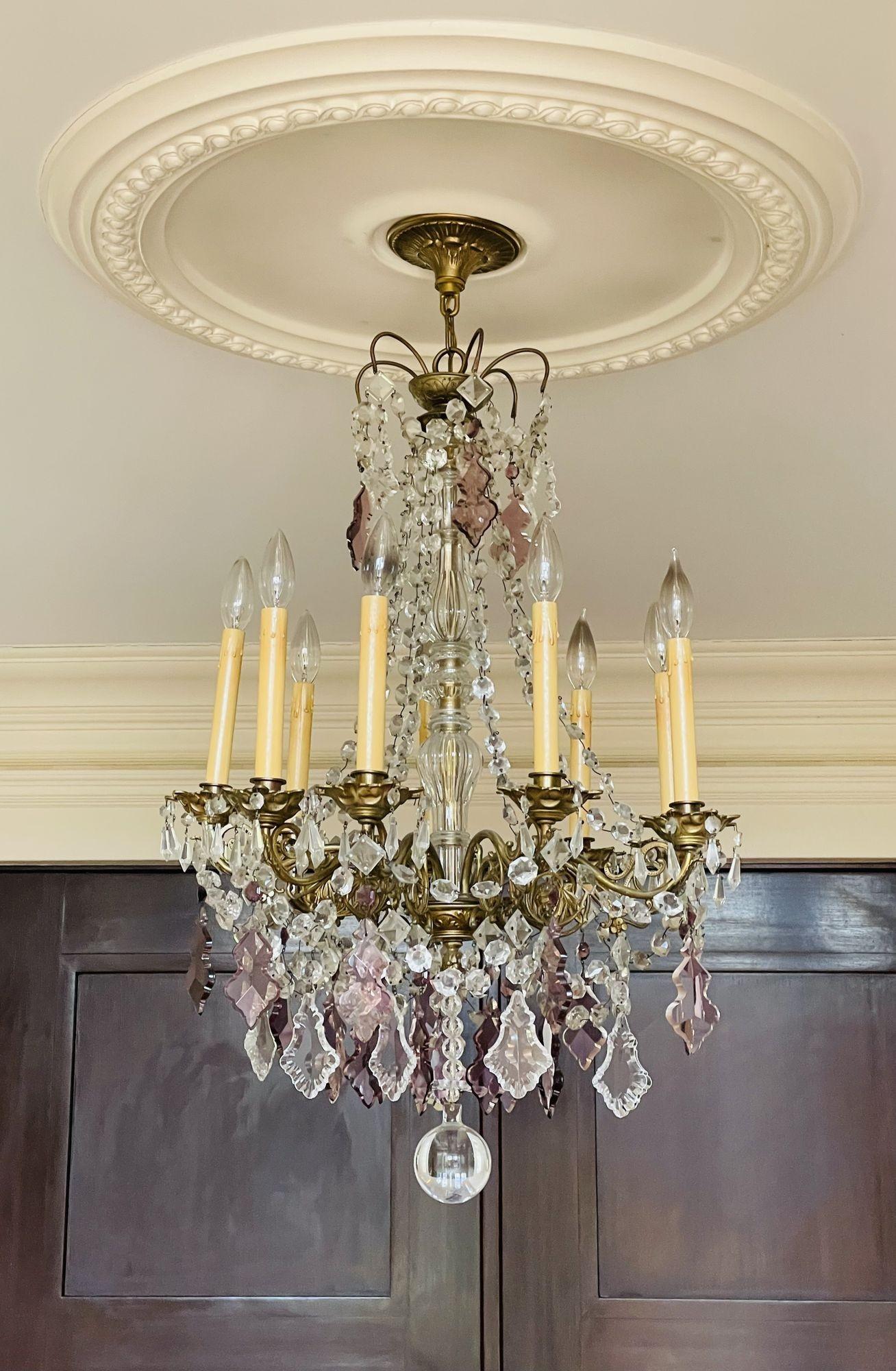Louis XVI Bronze and Crystal Chandelier, Colored and Clear Crystals, France For Sale 7