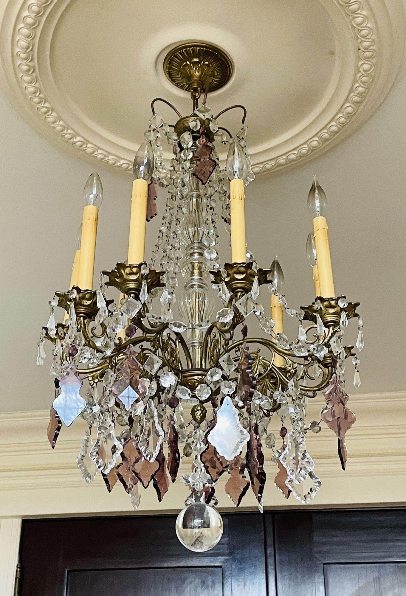 Louis XVI Bronze and Crystal Chandelier, Colored and Clear Crystals, France For Sale 1