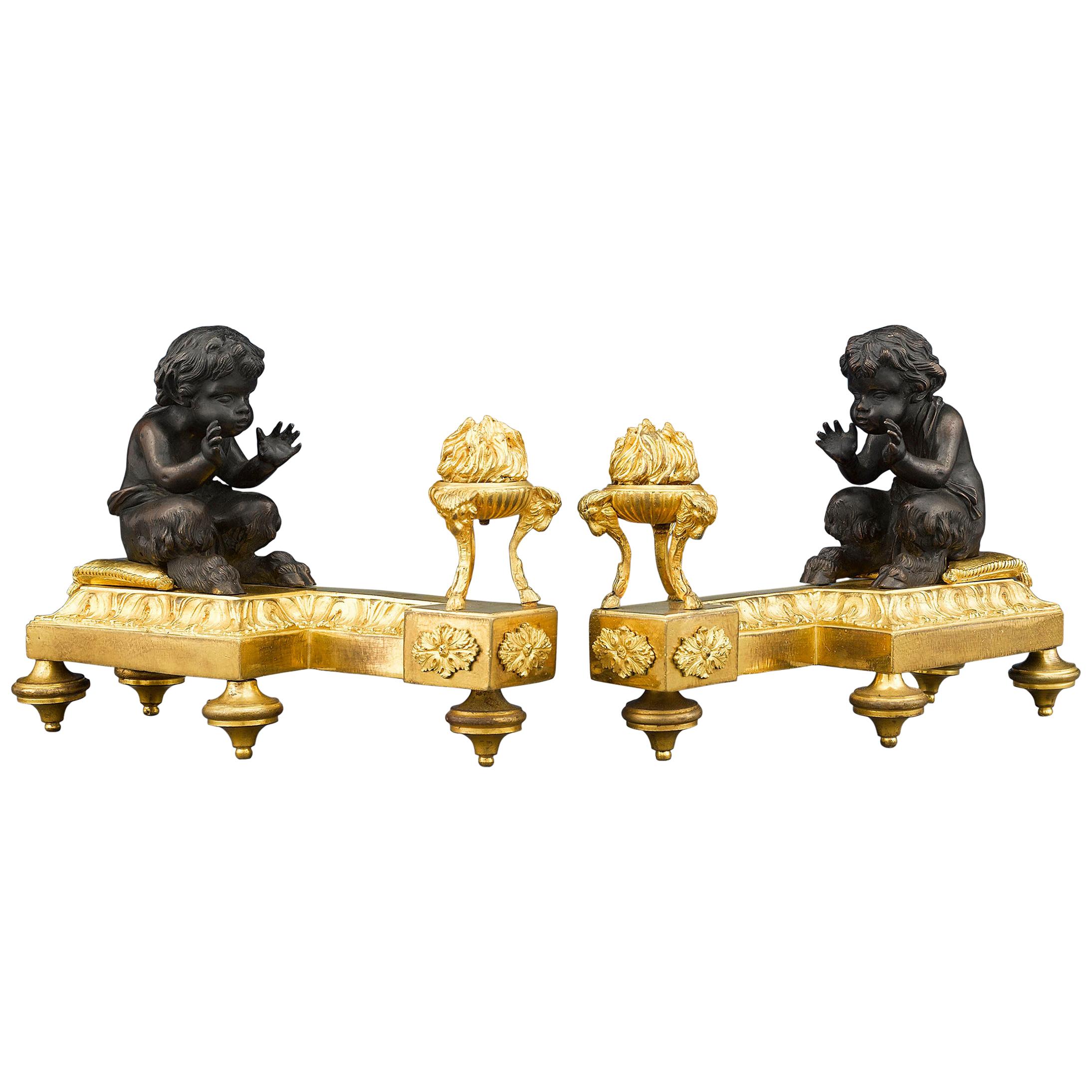 Chenets en bronze de style Louis XVI en vente