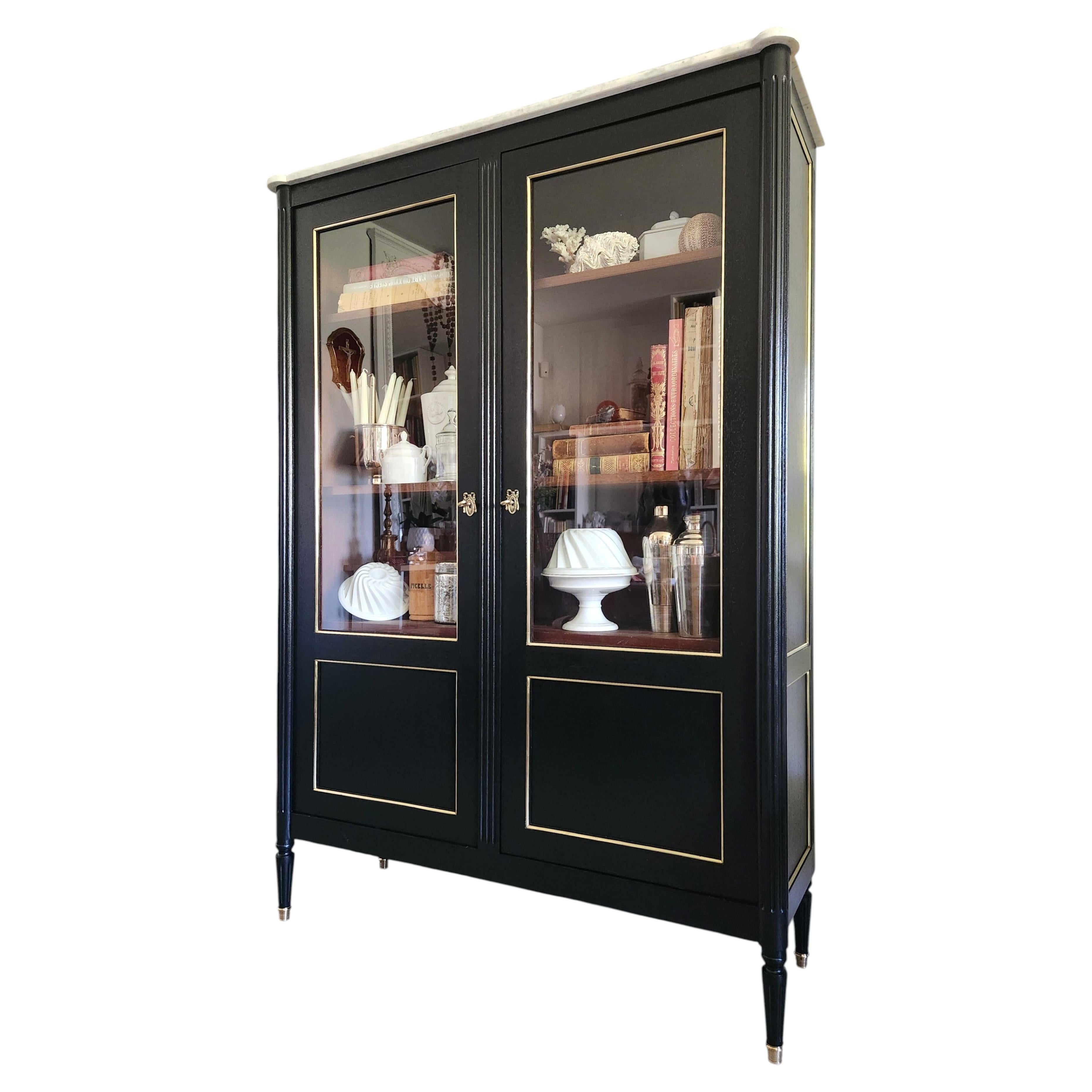 Louis XVI Buffet Vitrine, Carrara marble Top, Bronze & Brass