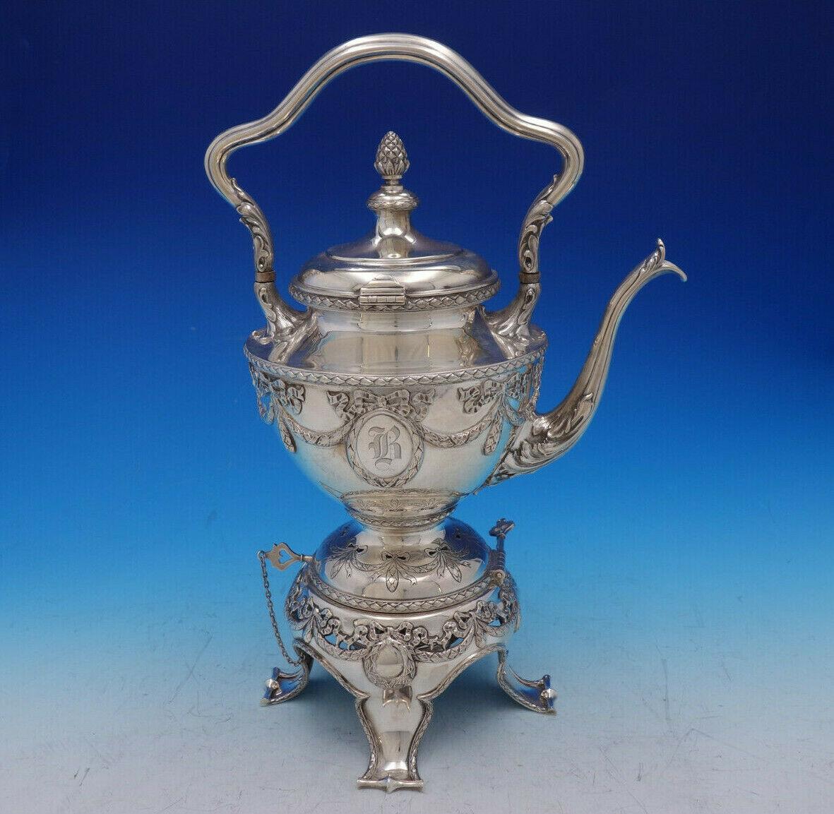 20th Century Louis XVI by Shreve Sterling Silver Tea Set with Tray & Kettle on Stand '#4576'