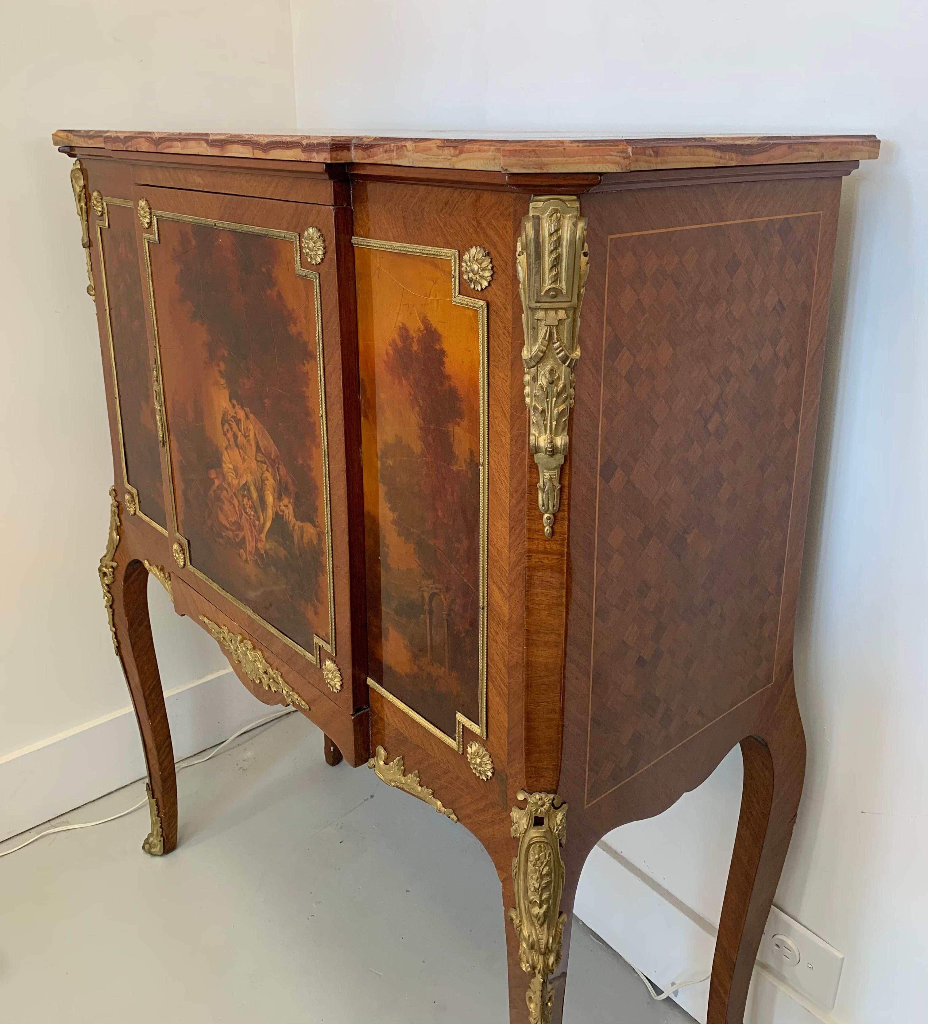 Unique Louis XVI cabinet by Henry Dasson stamped on the wood, the front with a lovely Vernis Martin paint and lateral panels with marquetery , the Breccia violet marble and the gilt-bronze mounted make this french cabinet a unique piece.