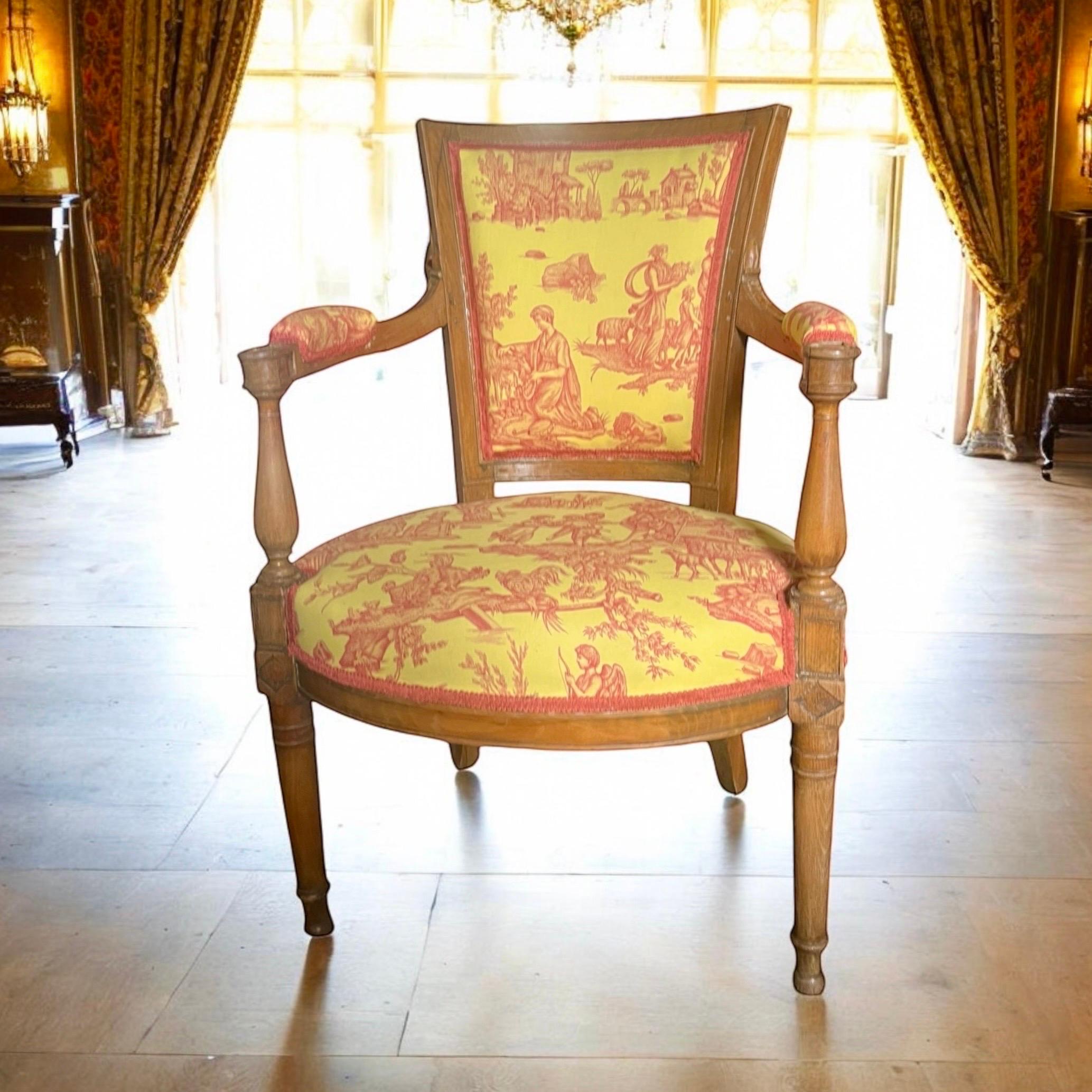 Sillón Luis XVI Cabriolet - Toile de Jouy amarillo y rojo rosado - Francia en venta 12