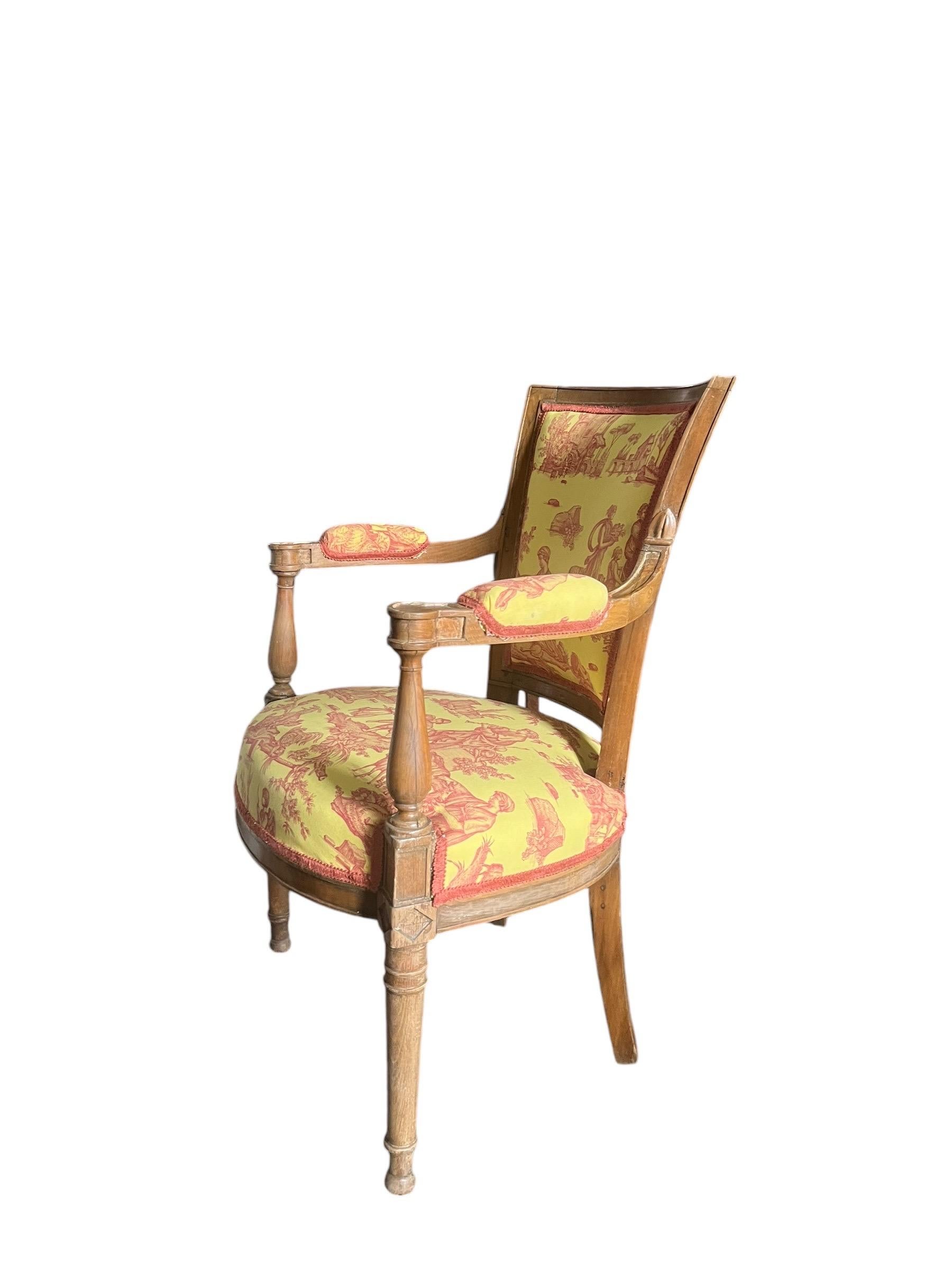 Sillón Luis XVI Cabriolet - Toile de Jouy amarillo y rojo rosado - Francia Directorio en venta