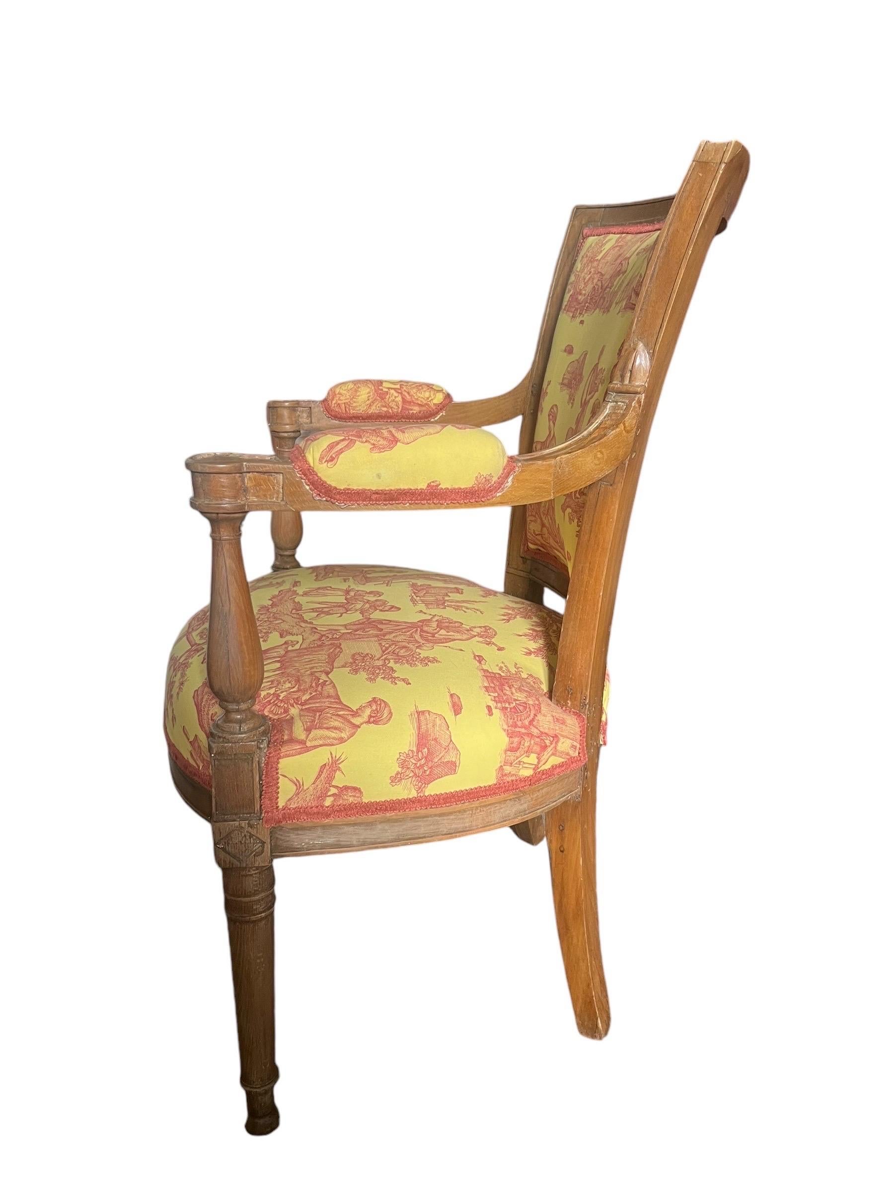 Sillón Luis XVI Cabriolet - Toile de Jouy amarillo y rojo rosado - Francia Francés en venta