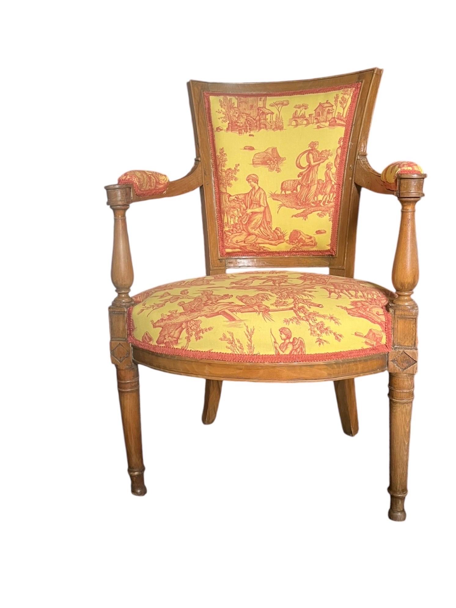 Sillón Luis XVI Cabriolet - Toile de Jouy amarillo y rojo rosado - Francia en venta 1