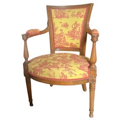 Louis XVI Cabriolet Armchair - Yellow and pinkish red toile de Jouy - France