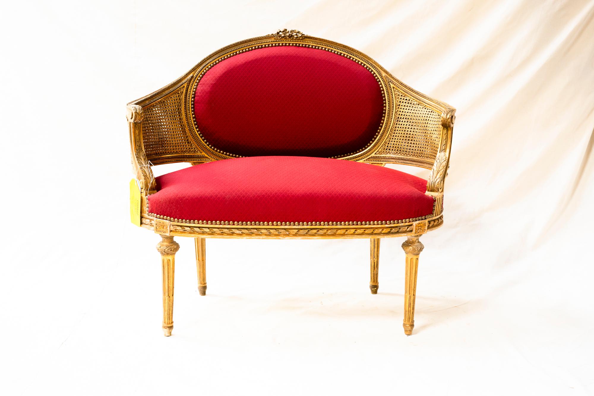 French Louis XVI Caned and Red Fabric Canapé en Corbeille