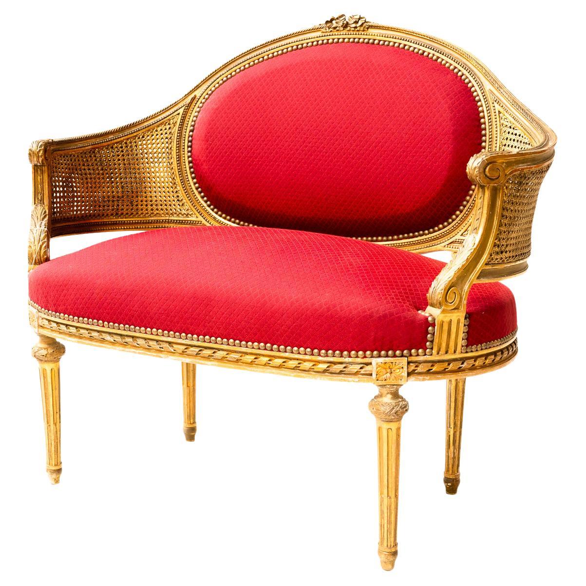Louis XVI Caned and Red Fabric Canapé en Corbeille For Sale