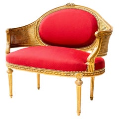 Used Louis XVI Caned and Red Fabric Canapé en Corbeille