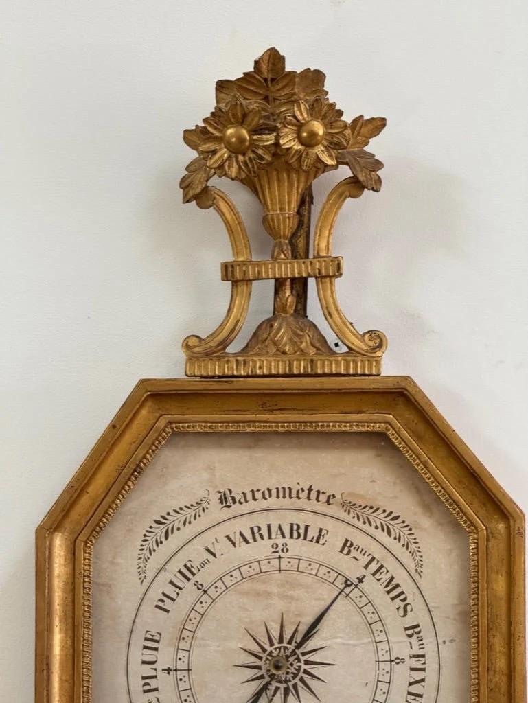 18th Century and Earlier Louis XVI carved and gilded barometer For Sale