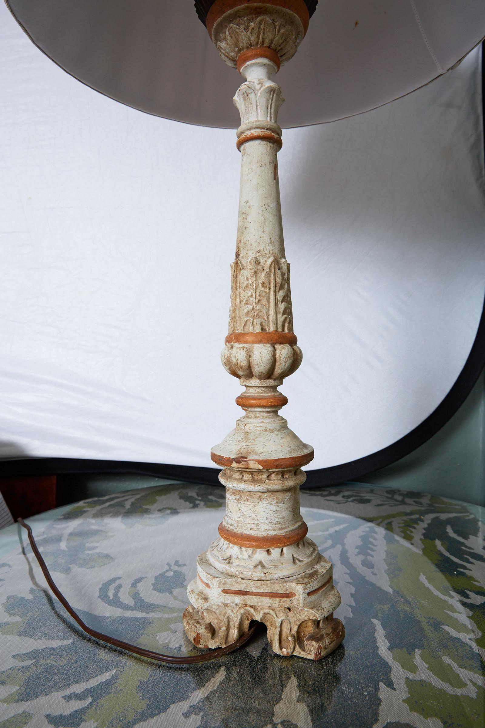 19th Century Louis XVI Carved and Painted Alter Candlestick Lamp For Sale