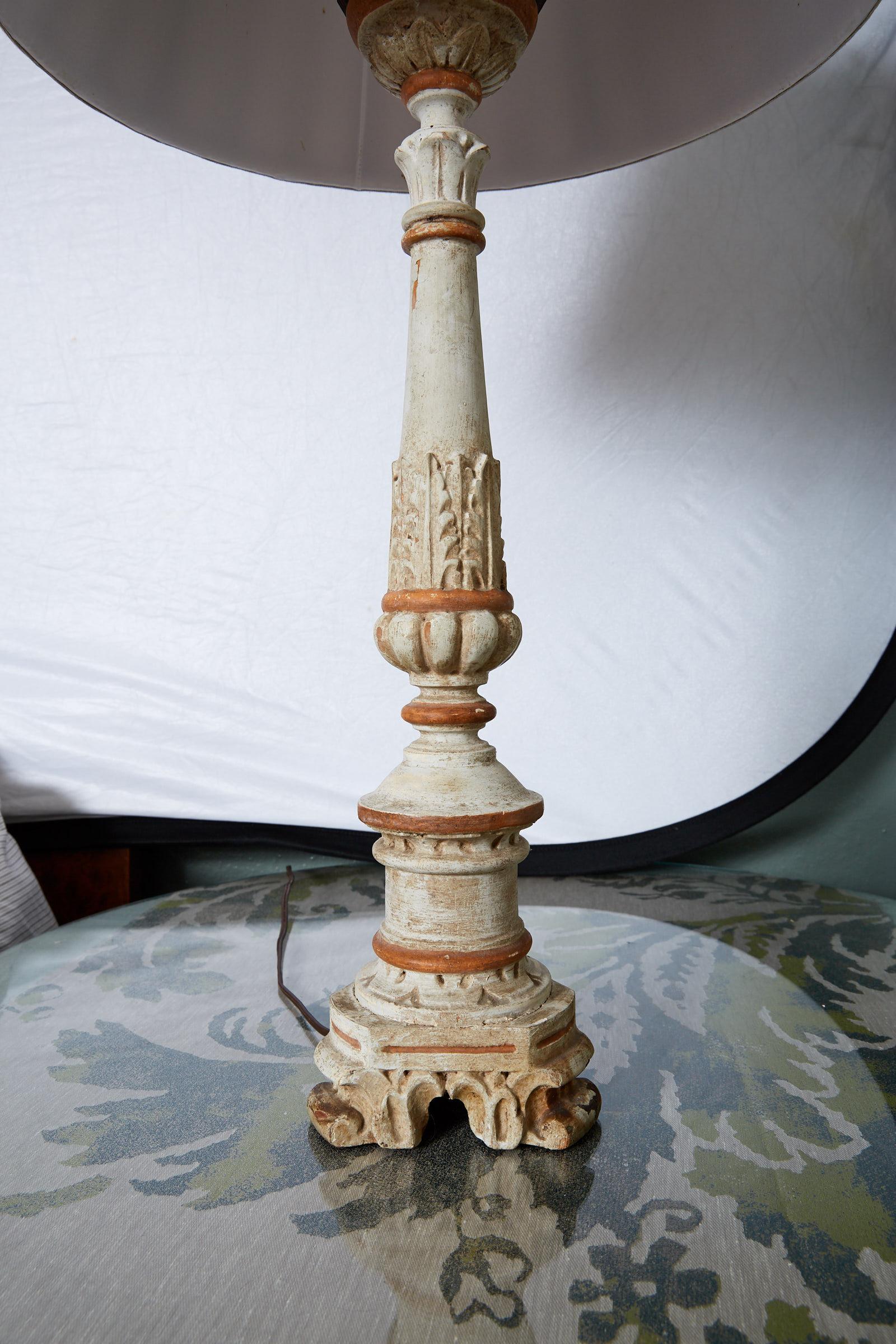 Wood Louis XVI Carved and Painted Alter Candlestick Lamp For Sale