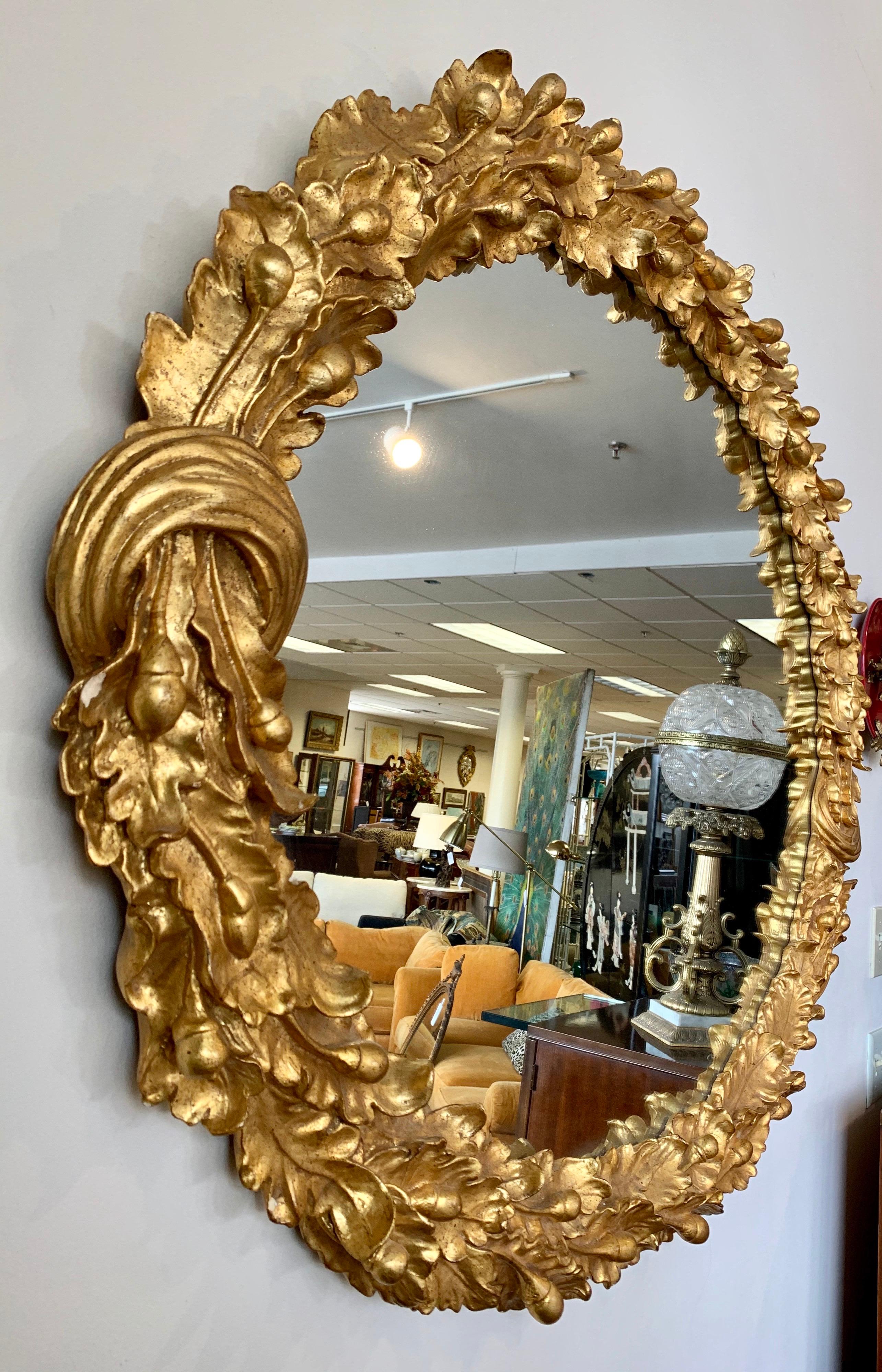 Mid-20th Century Louis XVI Style Carved Giltwood Oval Mirror with Oak Leaves and Acorns
