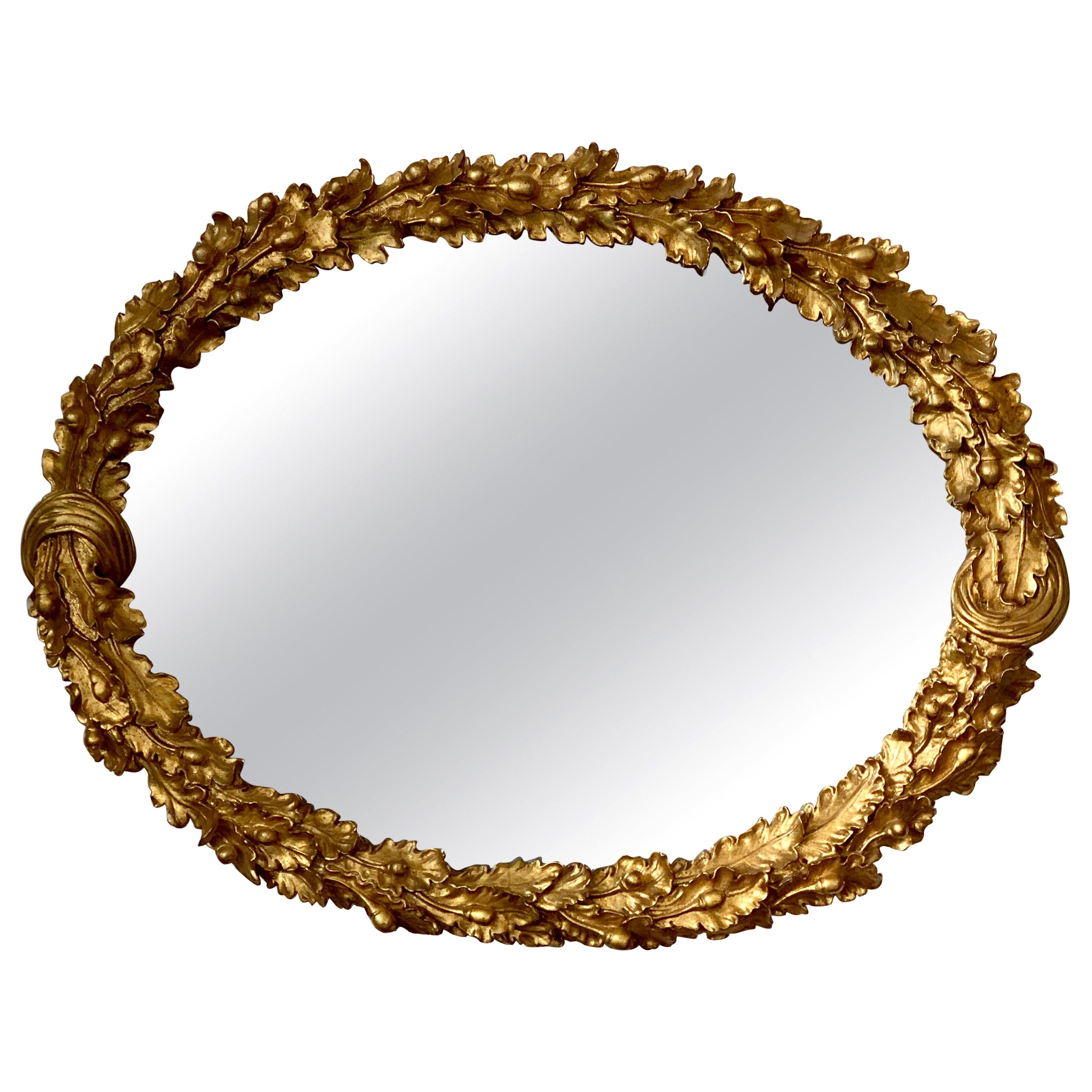 Louis XVI Style Carved Giltwood Oval Mirror with Oak Leaves and Acorns