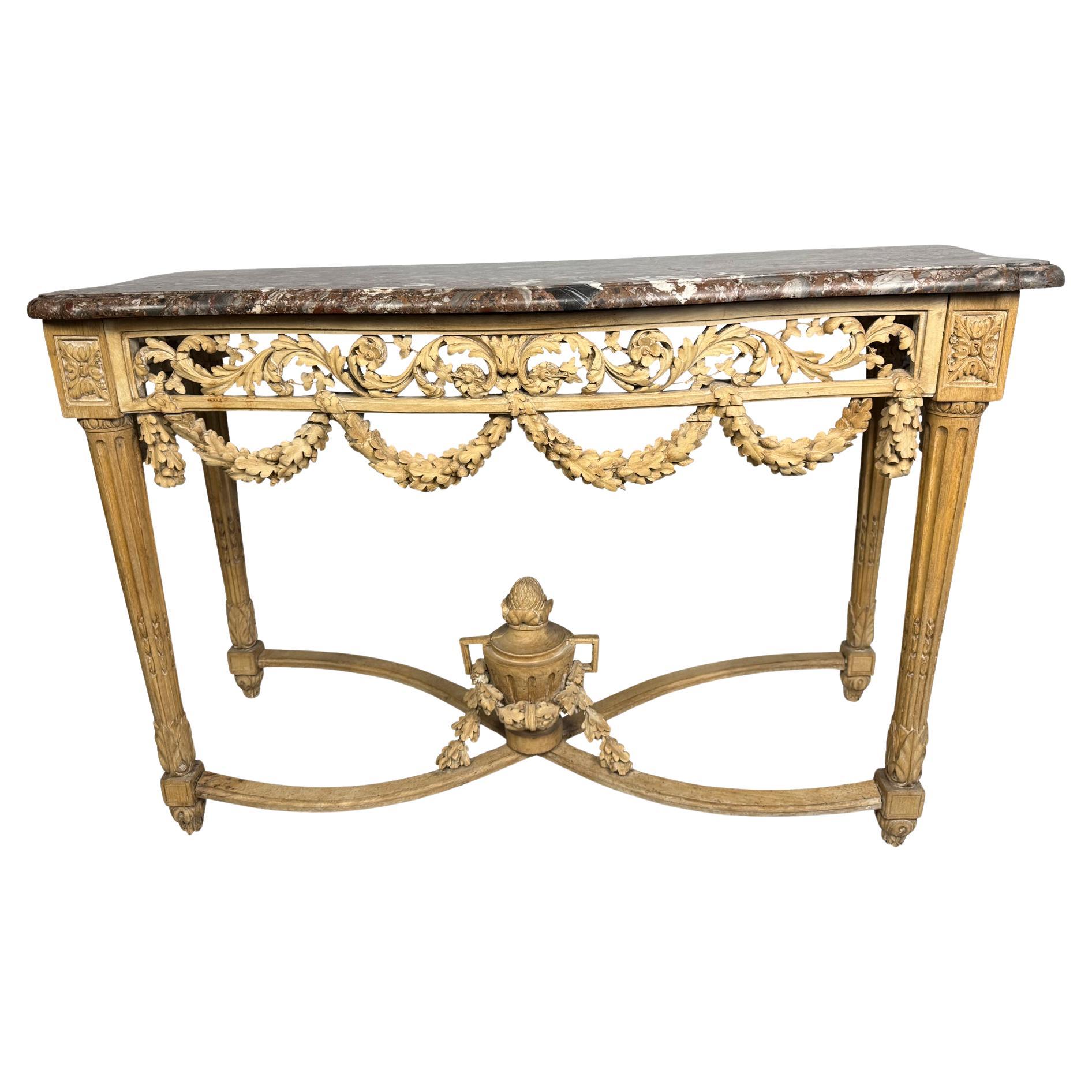 Antique Louis XVI Console Table, Carved Pine & Marble Top, 1870