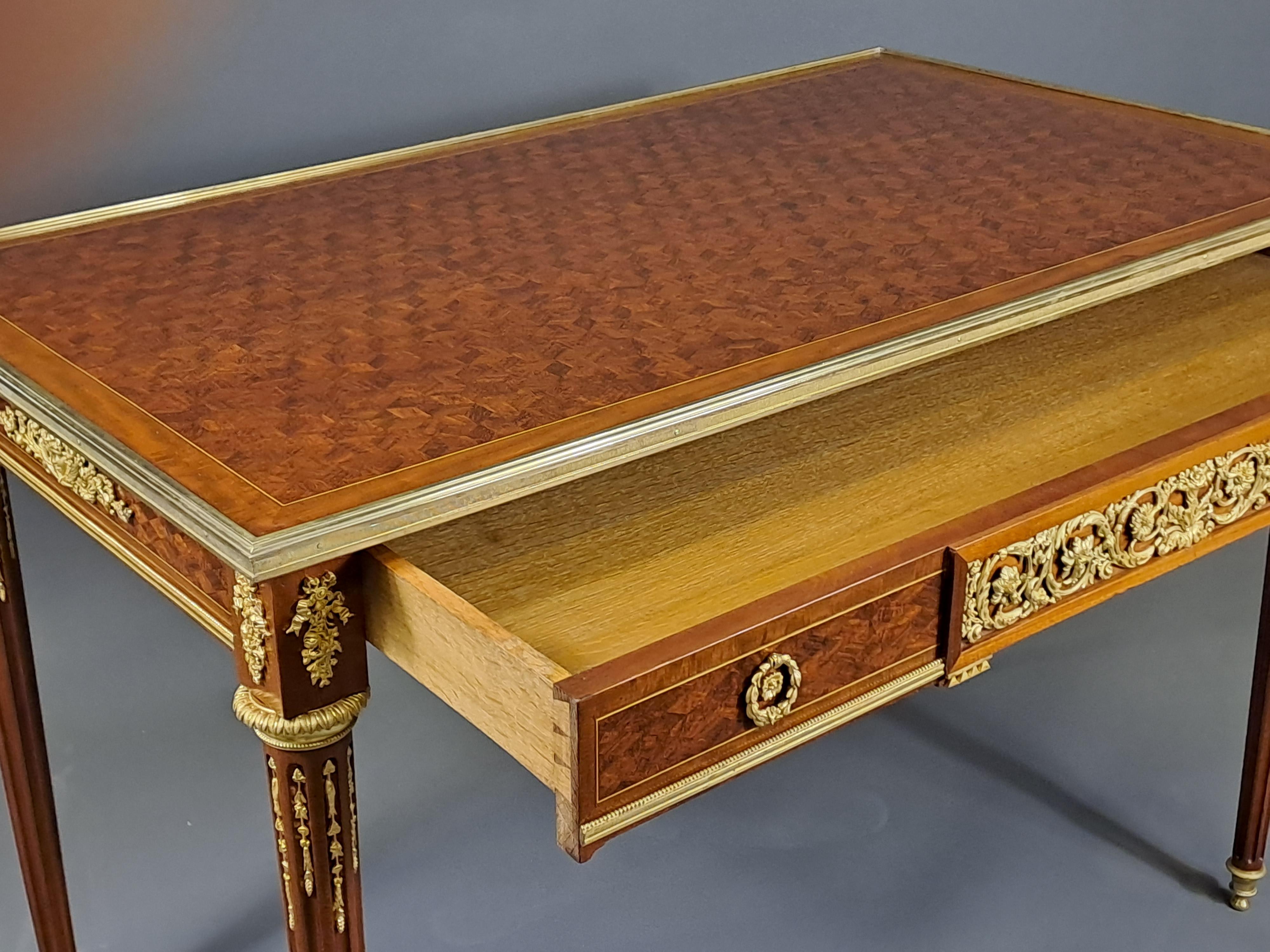 Marquetry Louis XVI Center Table After Jean-henri Riesener For Sale