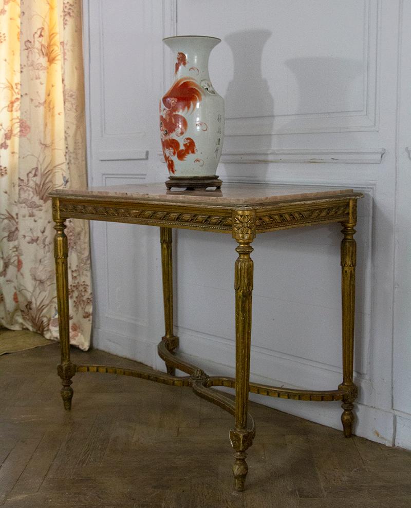 French Louis XVI Center Table in Gilded Wood and Marble - 19th France For Sale 2